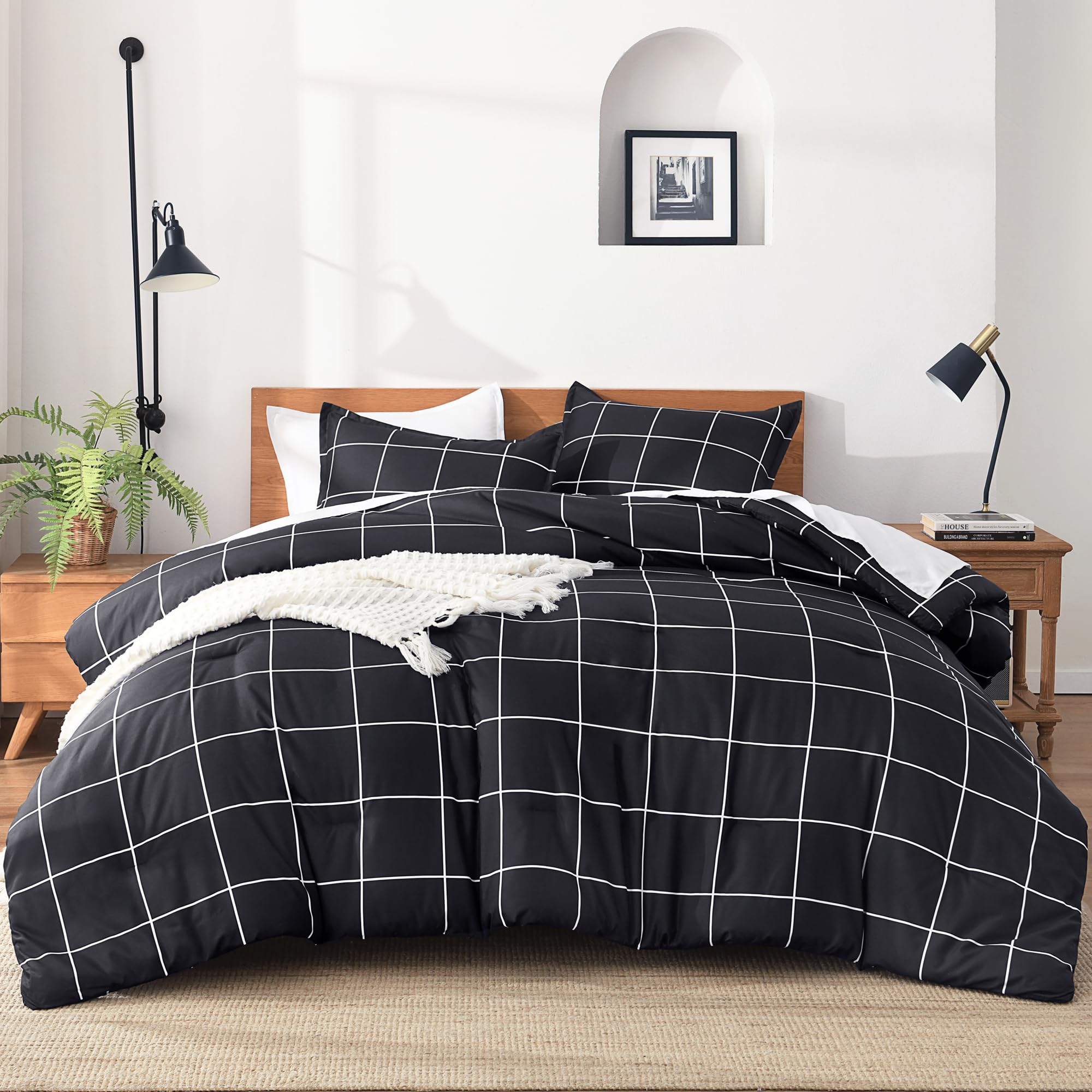 Andency Black Grid Comforter Set Queen(90x90Inch), 3 Pieces (1 Plaid Comforter and 2 Pillowcases) Black Plaid Comforter Set, Lightweight Polyester