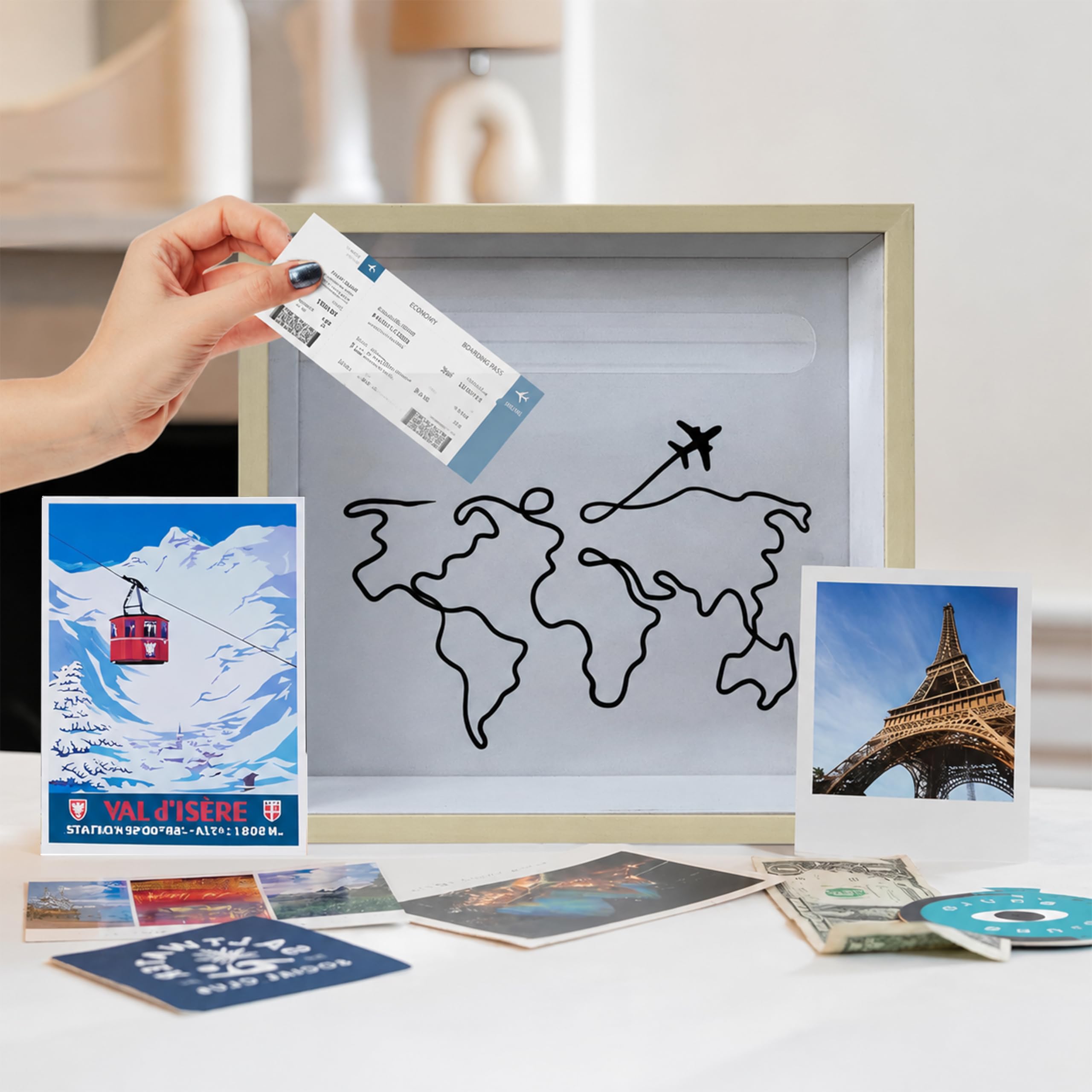 Travel Adventure Archive Shadow Box for World Travel Memories, Memory Collection with Slot On Top, Beautiful Moments Printed Life in a Shadow Box Travel Gift Frame (Beige, 10x10 Inch)-image-46