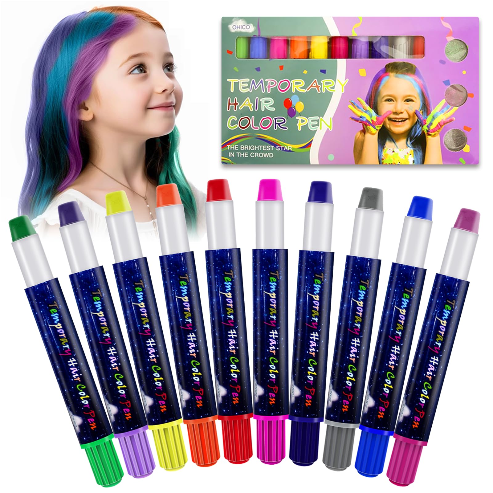 10 Pezzi Gessetti Capelli, Pennarelli Tinta Temporanea per Capelli, Colori Temporanei Lavabili, Set Creativo per Bambini, Per feste, Carnevale e occasioni speciali