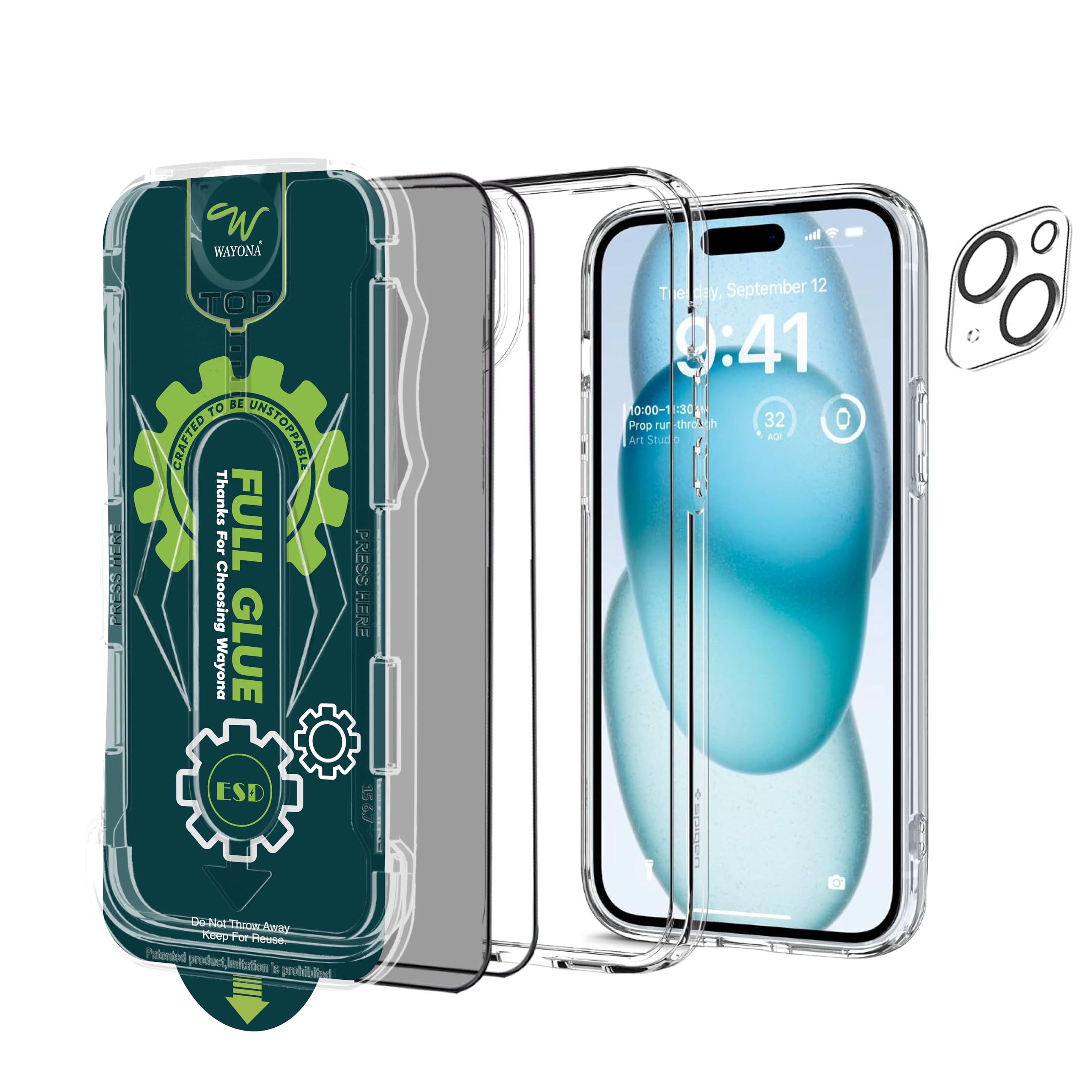 Wayona for iPhone 15 Privacy Screen Protector & Magsafe Clear Case Edge to Edge Easy Fit Tempered Glass 2Pack (Privacy + Clear)