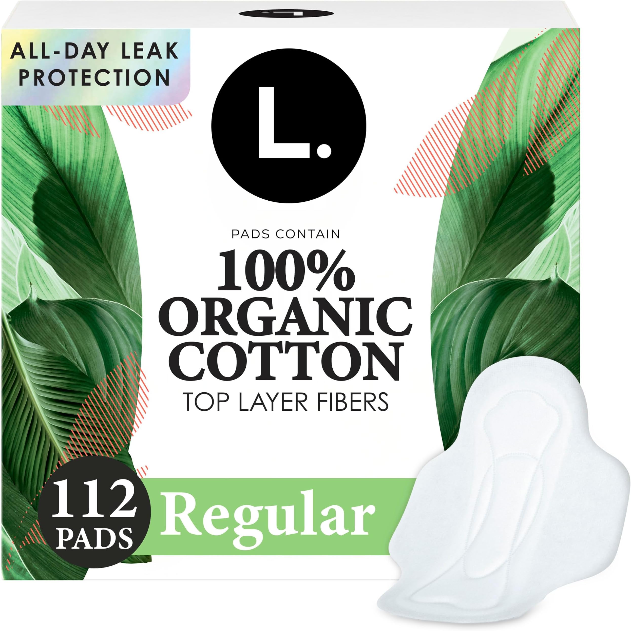 L. Ultra Thin Pads for Women, Regular Absorbency, Organic Cotton Top Layer, Unscented Pads with Wings, 112 Count (4 Packs of 28)