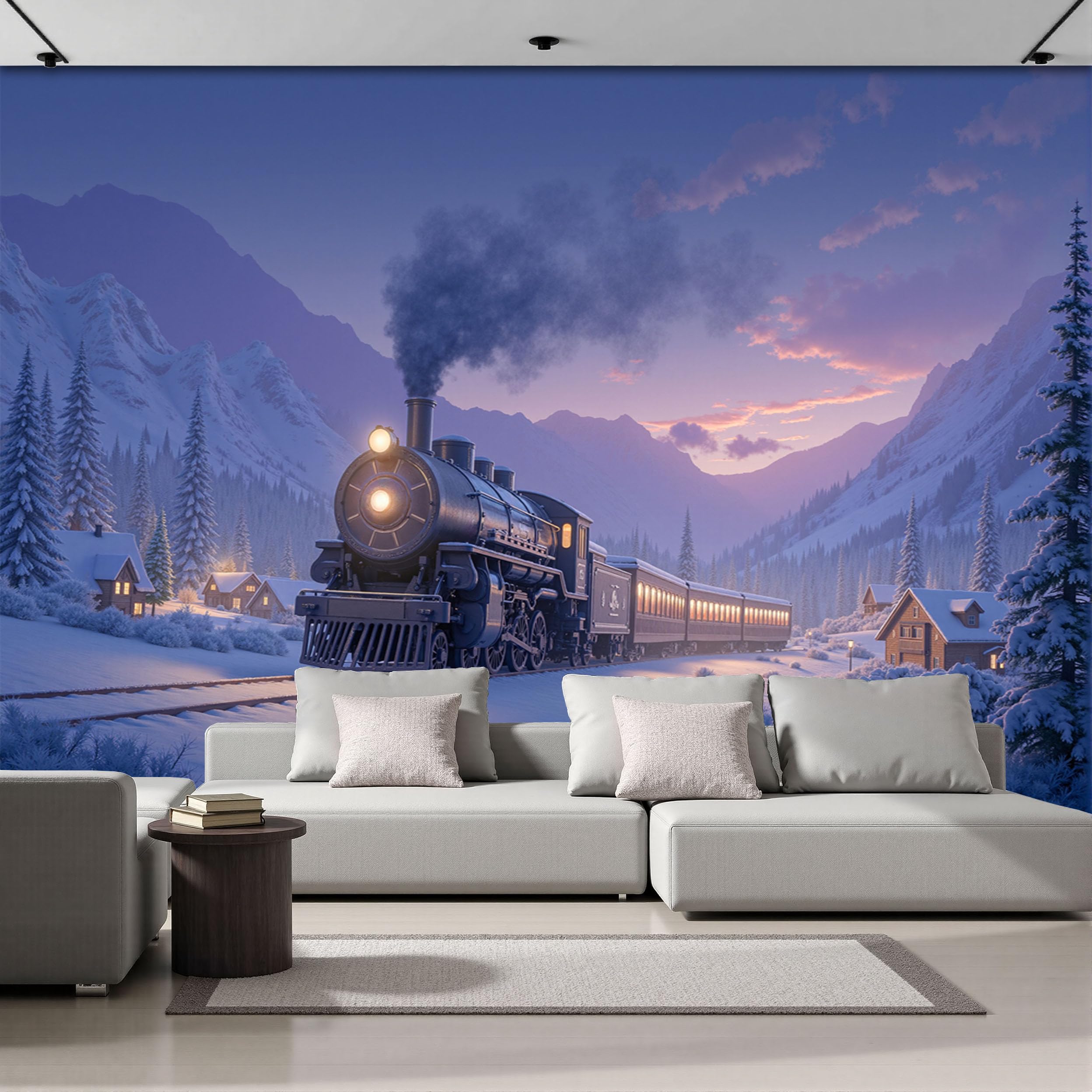 Papier Peint Soie Panoramique Violet Solution Murs Blancs Salon Train Vintage