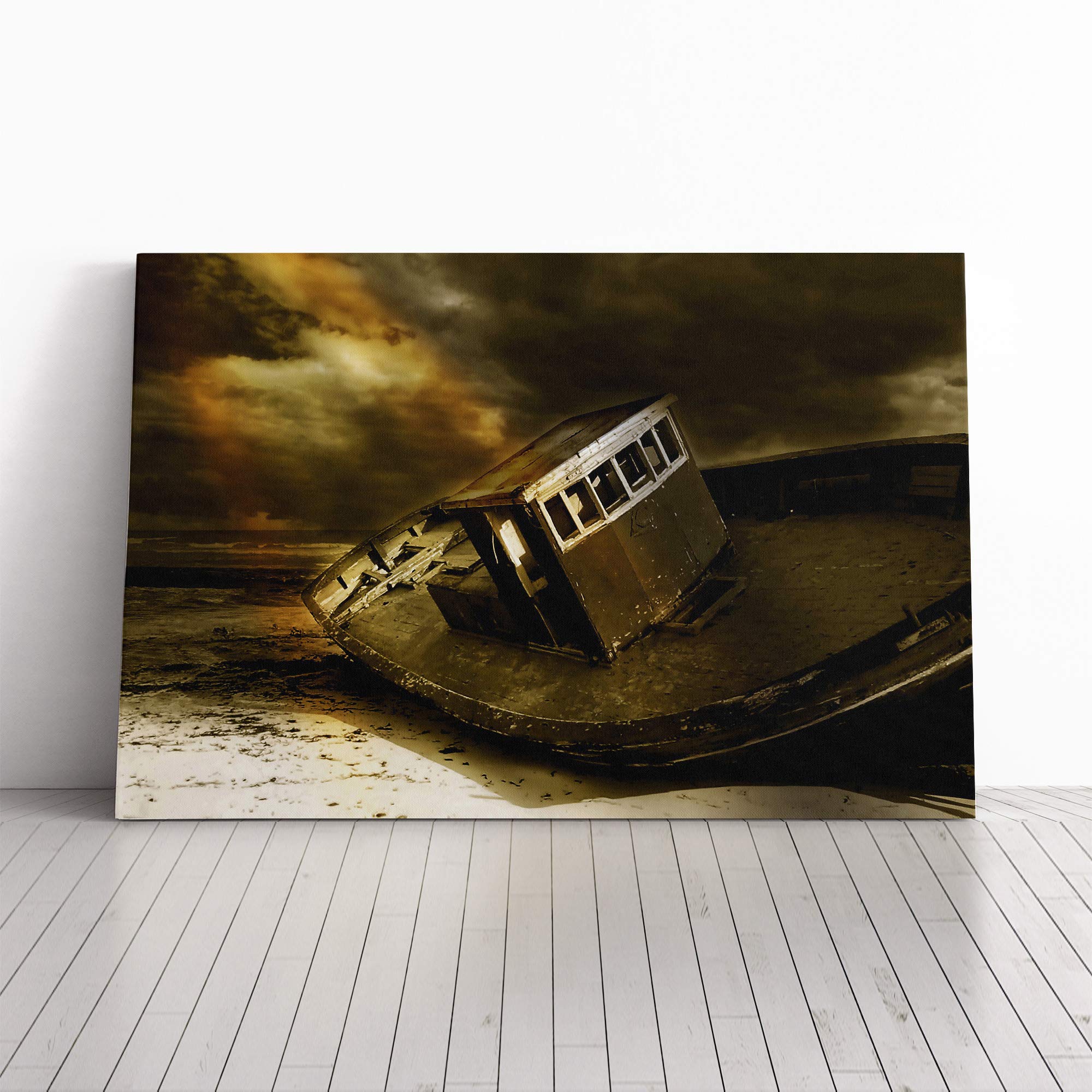 Stranded Boat Wreck on Beach (2) Canvas Print | Gallery Wrapped 30mm Frame Wall Art | 24x16 inches | Ready to Hang | Modern Seascape Picture | Living Room Bedroom Lounge Office