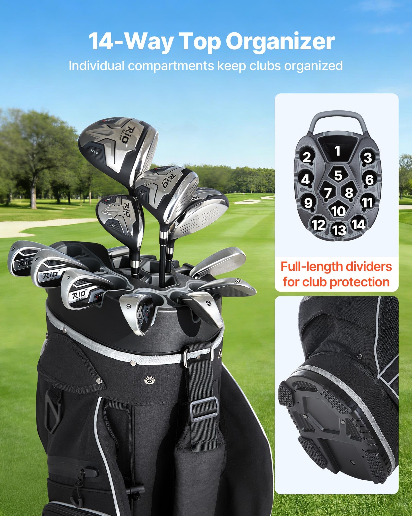 VEVOR Golftasche mit 14-fache Durchgehenden Schlägerfächern Tragegriffen Stautaschen Schultergurt Regenschutzhaube Leichtgängigen Reißverschlüssen Golfbag aus 900D Polyester Schwarz