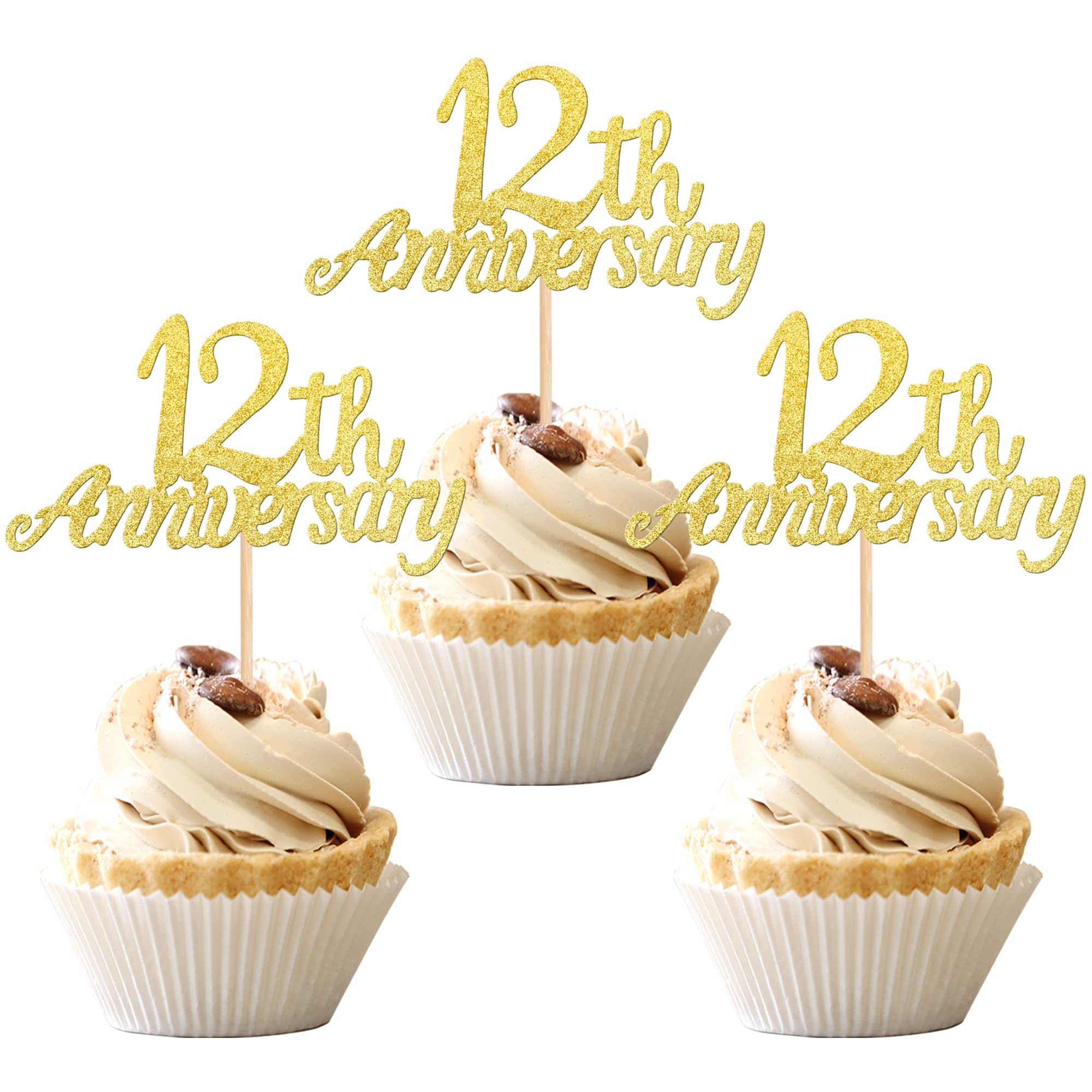 24 PCS 12th Anniversary Cupcake Toppers Glitter Cheers to 12 Years Old Twelve Cupcake Picks for 12th Wedding Anniversary Birthday party Cake
