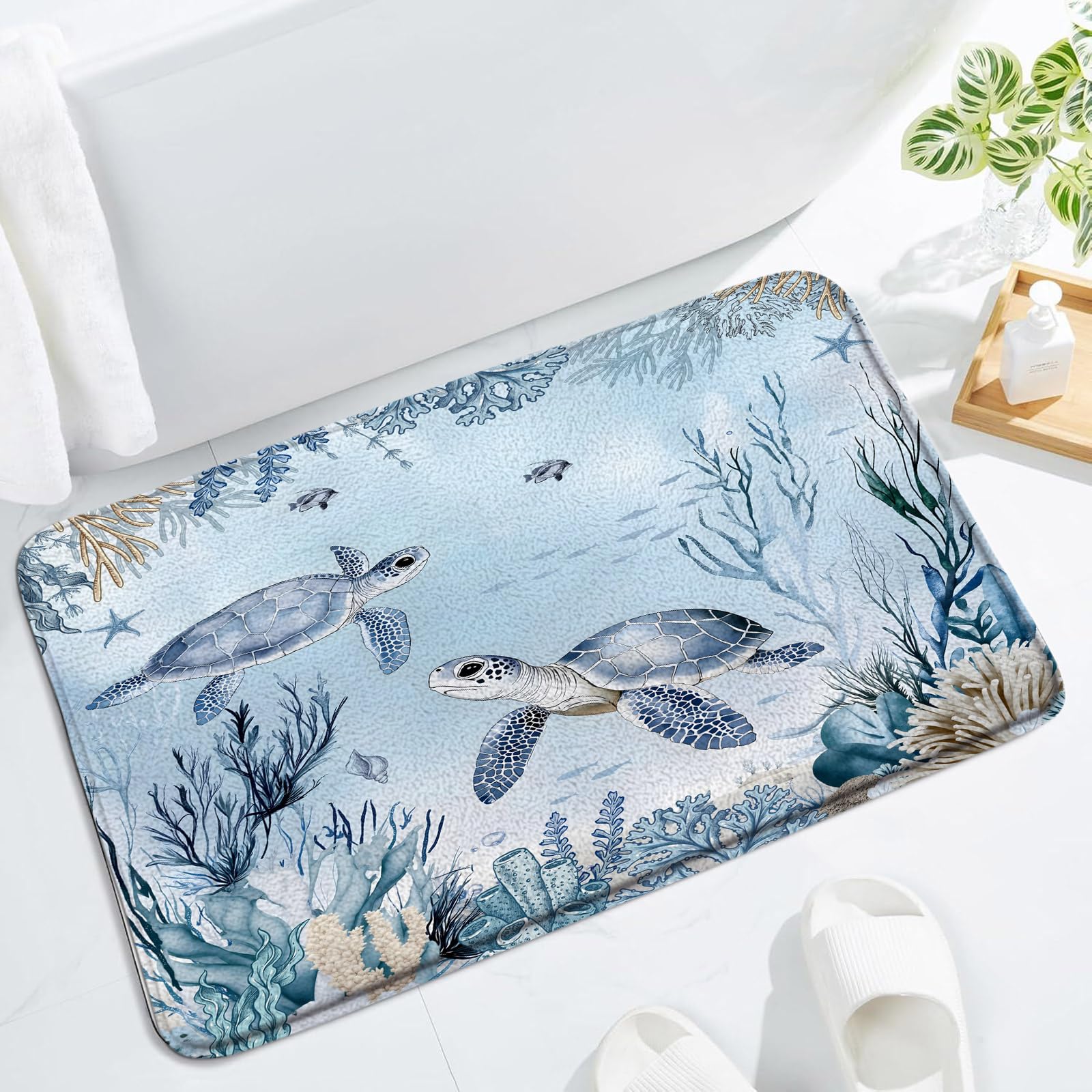 Sea Turtle Bath Mat Nautical Teal Blue Ocean Beach Coastal Starfish Tropical Fish Coral Underwater Animal Marine Life