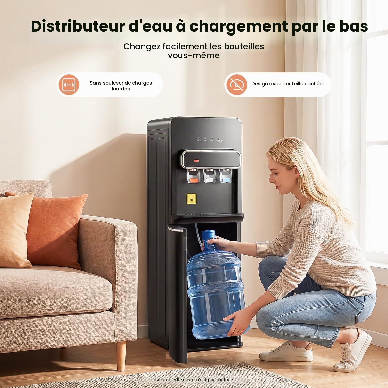 Distributeur d'eau sur pied, 3 réglages de température, eau chaude, froide et ambiante, refroidisseur d'eau en bouteilles avec chargement par le bas, pour distribution d'eau potable au bureau, à la