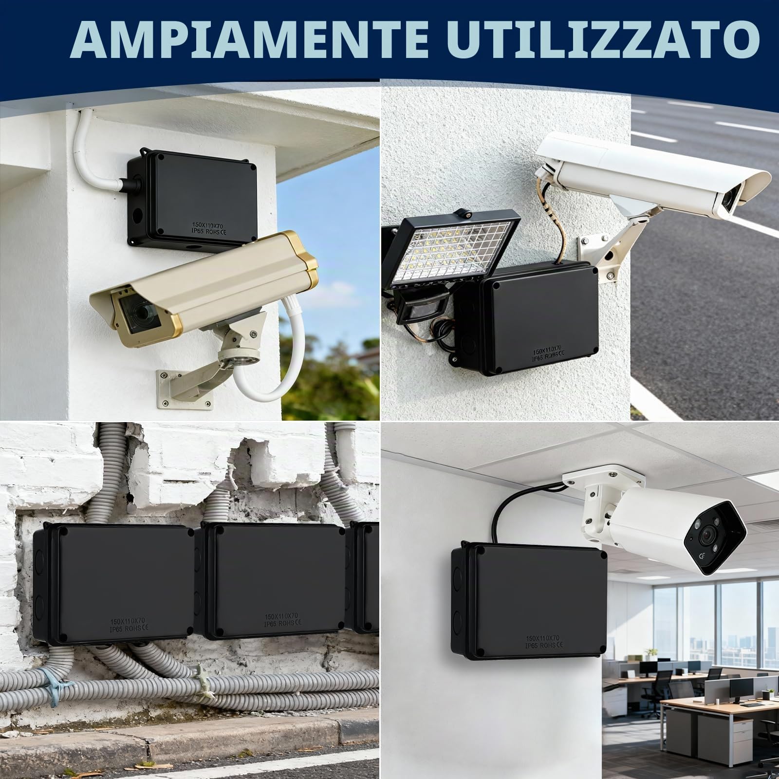 Scatola di Derivazione Impermeabile IP65-150x110x70 mm, con 10 pressacavi M20 con guarnizione, inclusa sega a tazza da 20 mm, adatta per cavi Ø6–12 mm（nero）