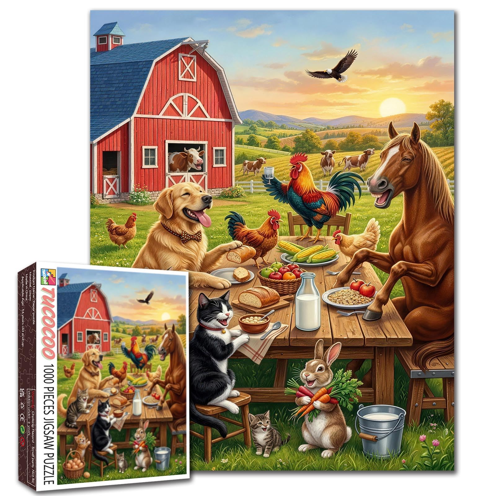 1000 Piece Puzzle for Adults Funny Farm Animals Jigsaw Puzzle Colorful Animal Party Scene Dog Horse Chicken Cat Rabbit Puzzles Fun Challenge Family Game Gift Home Decor Wall Art 19.7 x 27.6 Inches — image 1