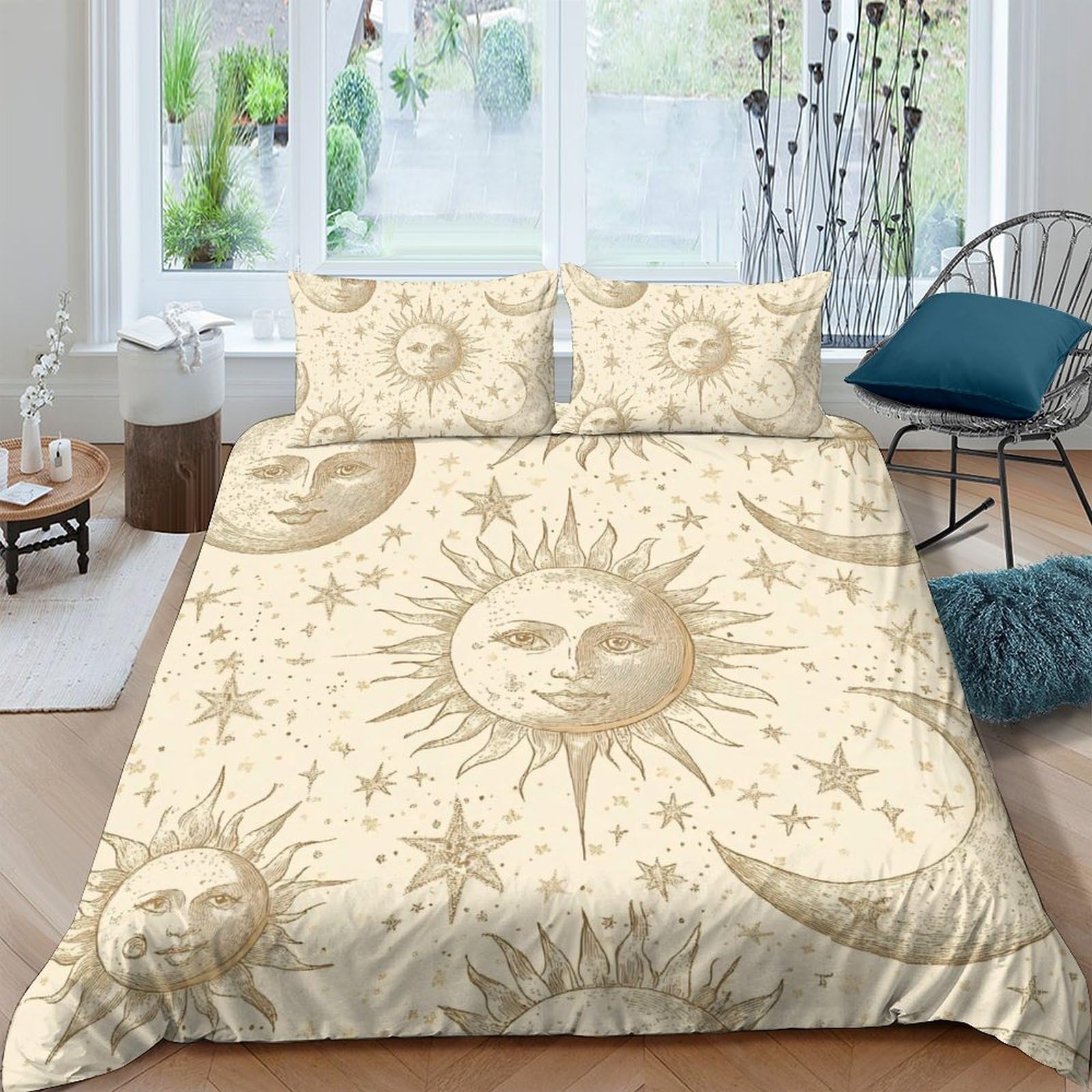 Ctjqhvkz Style-1 3D Printed Sun Moon Fitted Sheet Microfiber Soft Breathable Celestial Star Mattress Cover Bedroom Decor Single（135X200cm）