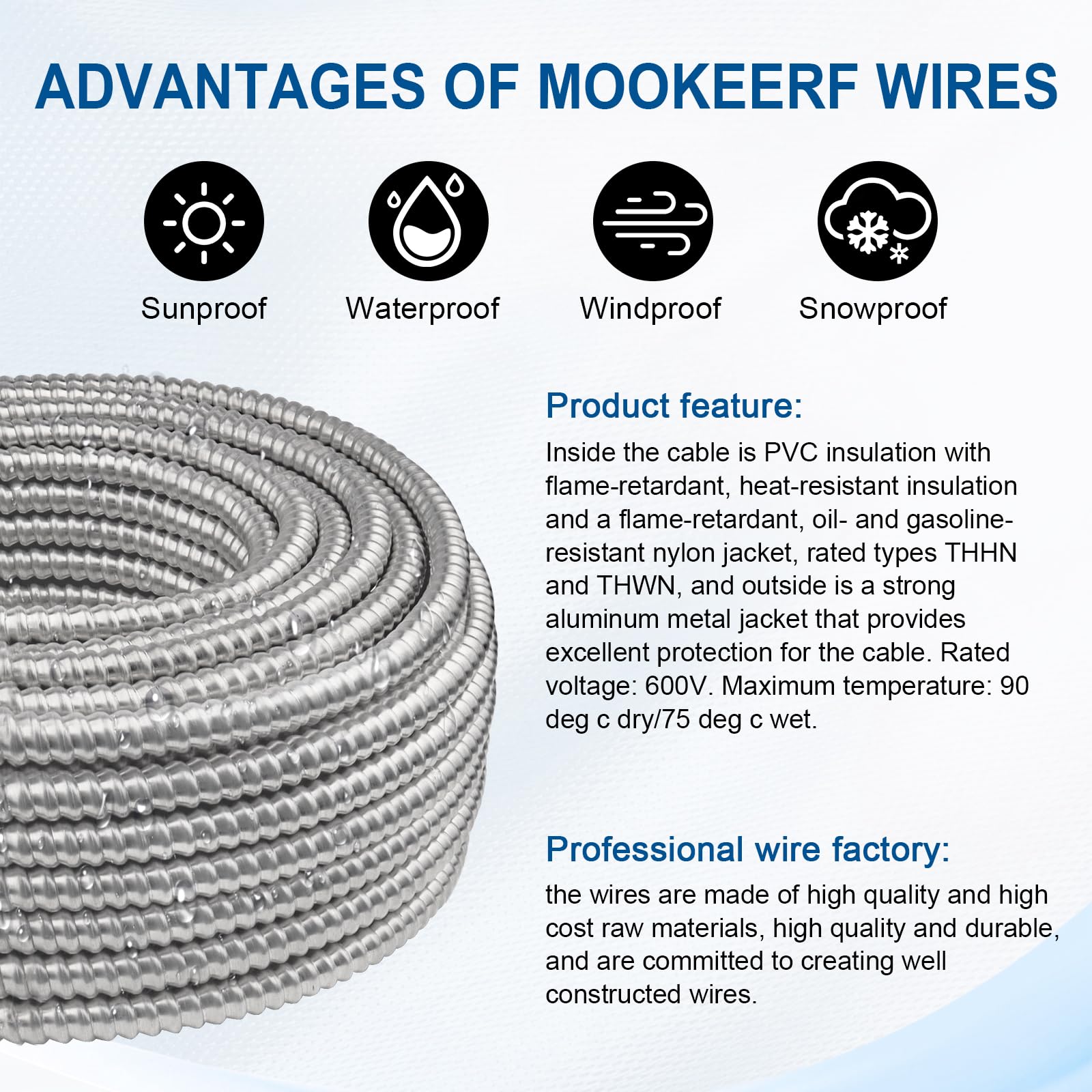 Câble MC 6/2 avec mise à la terre – 3 m en cuivre pur 6AWG/2 avec blindage en aluminium de calibre 6 2 conducteurs de type MC en aluminium
