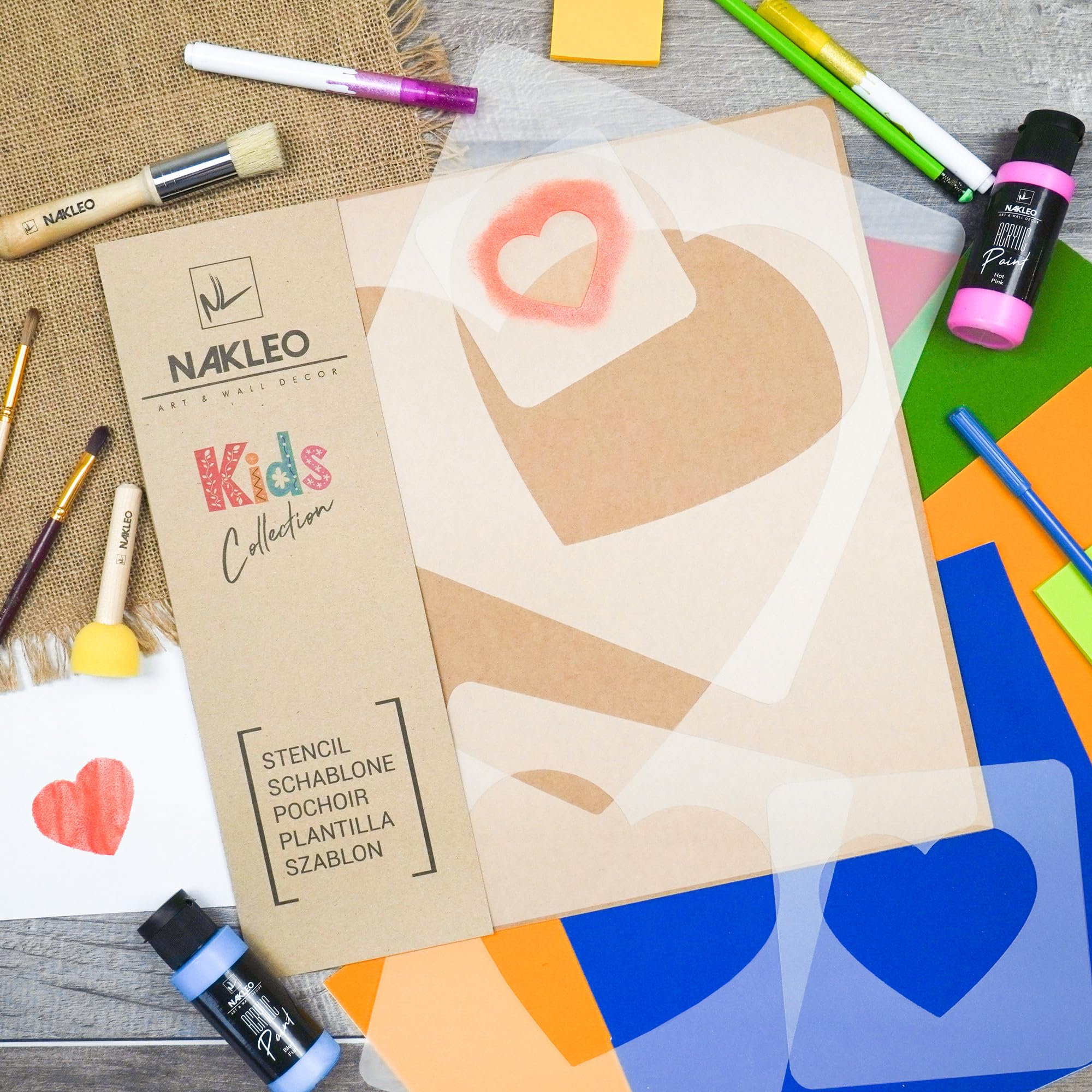 NAKLEO Stencil di Pittura per Bambini, Set di 5 Pezzi da 9x9 a 34x34cm Cuore Amore San Valentino, Modelli Plastica e Riutilizzabili di Stanza Decorazione, Sagome DIY Fai-da-te, Mobili Muro Legno