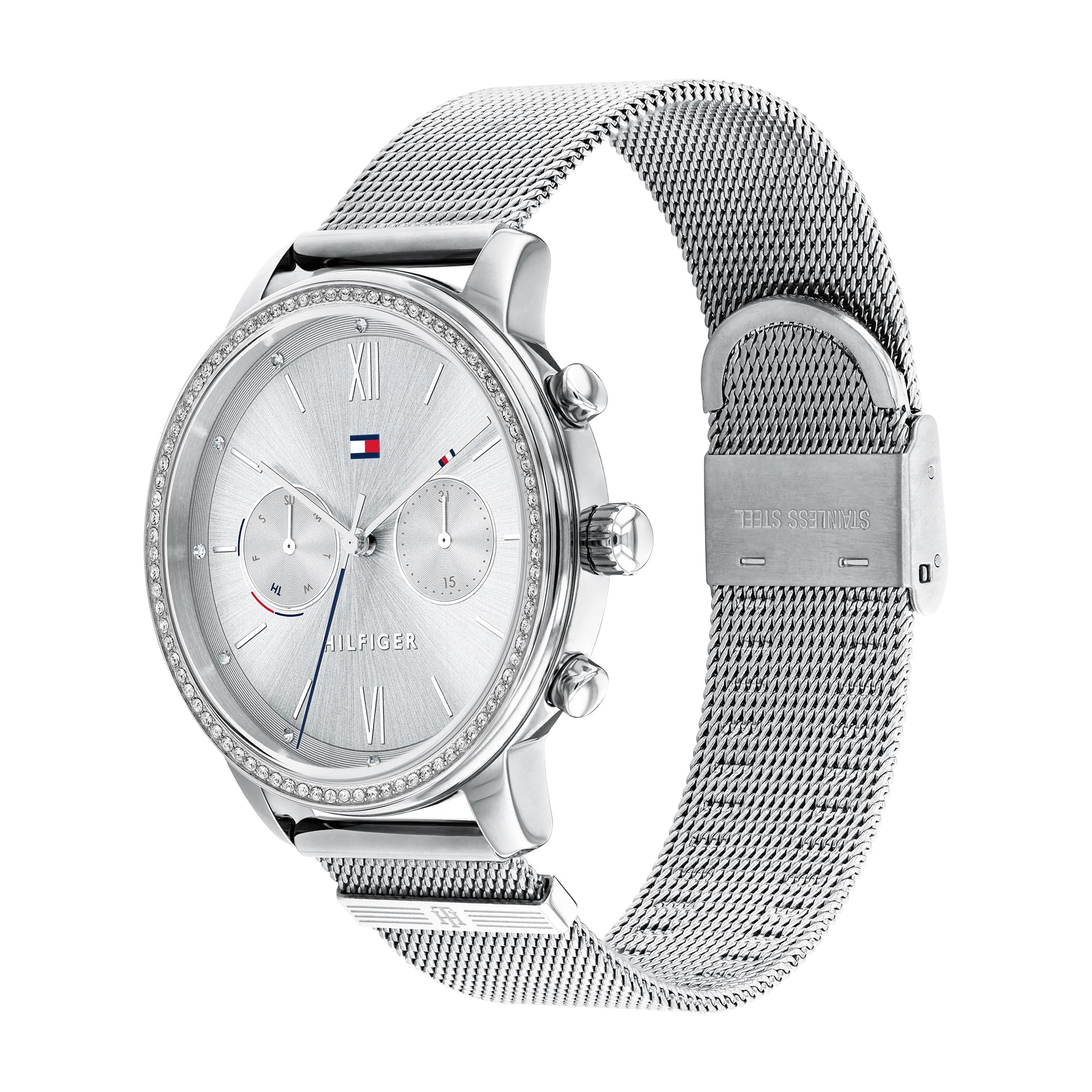 Tommy Hilfiger Orologio Analogico Multifunzione al Quarzo da Donna con Cinturino in Maglia Metallica in Acciaio Inossidabile Argentato - 1782301