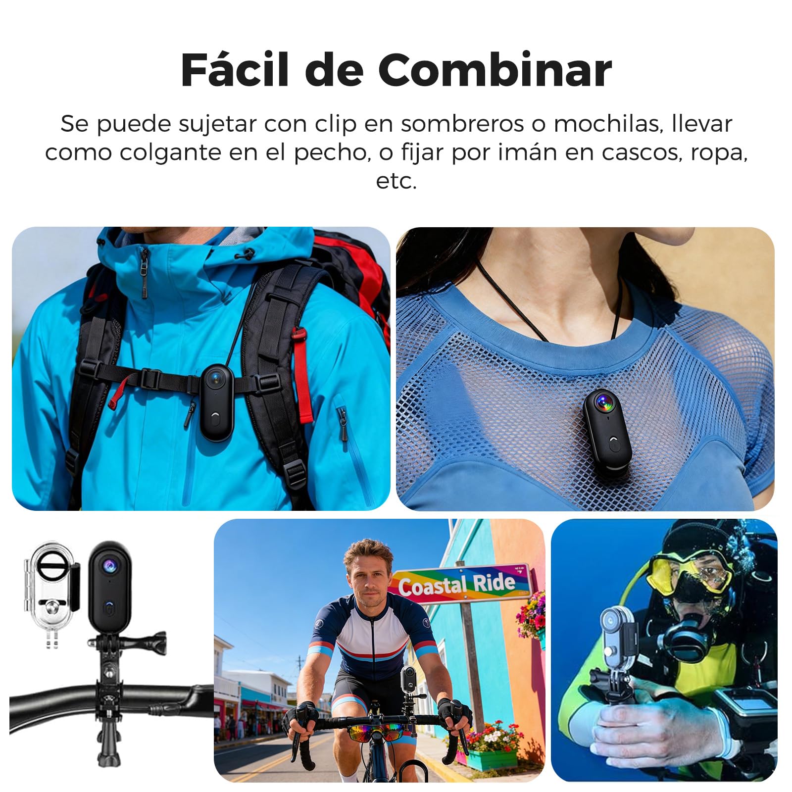 Zeerkeer - Mini Cámara de Acción con Lente Gran Angular de 120°, 1080p, Cámara Deportiva con Cordón Magnético, Clip de 360°, para Casco, Bicicleta, Motocicleta, Deporte al Aire Libre