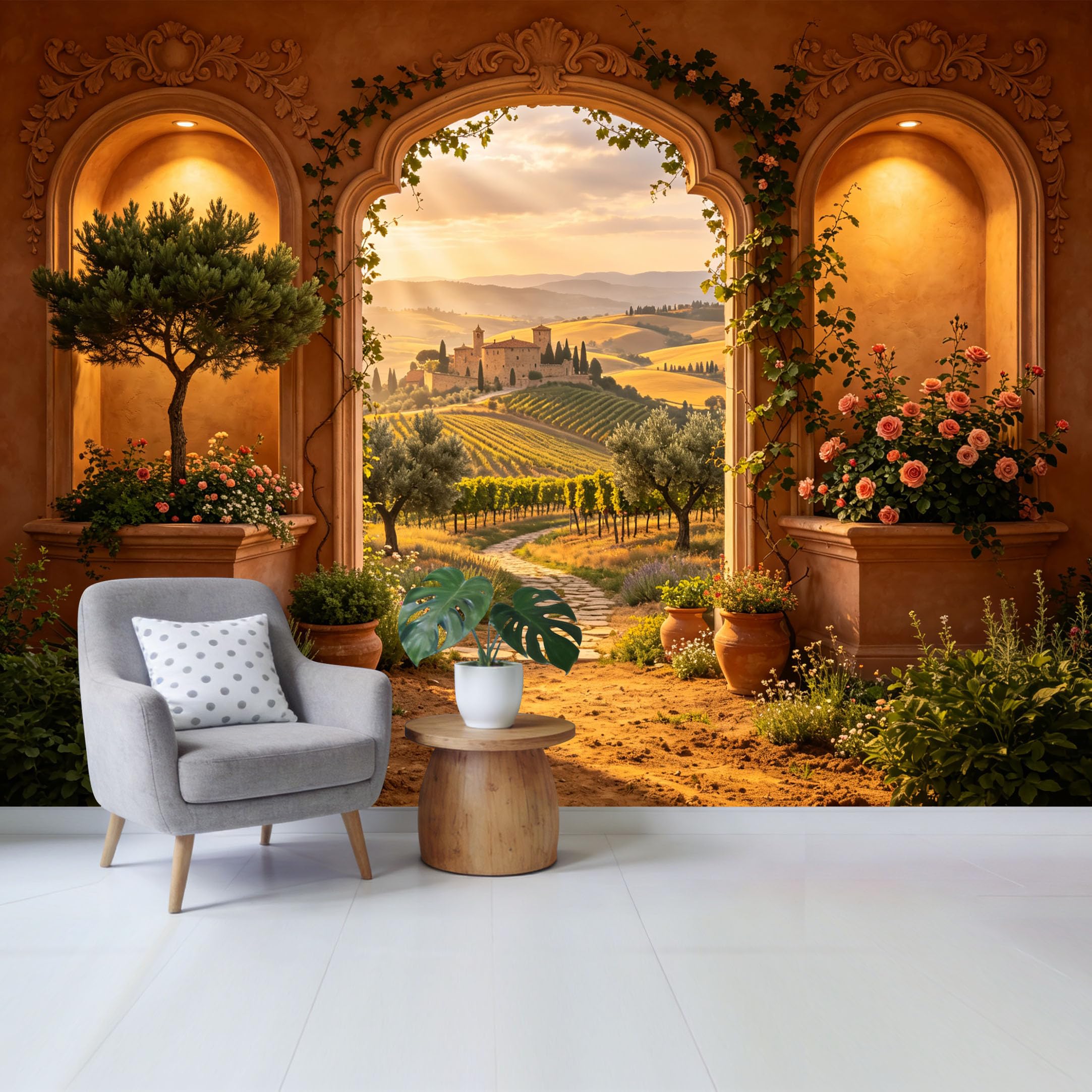 Removable Self Adhesive Fabric Mural， Tuscan Landscape Vineyard Archway Custom Size Wall Covering， UV Protected Waterproof Washable Wall Decor for Living Room Bedroom Bathroom