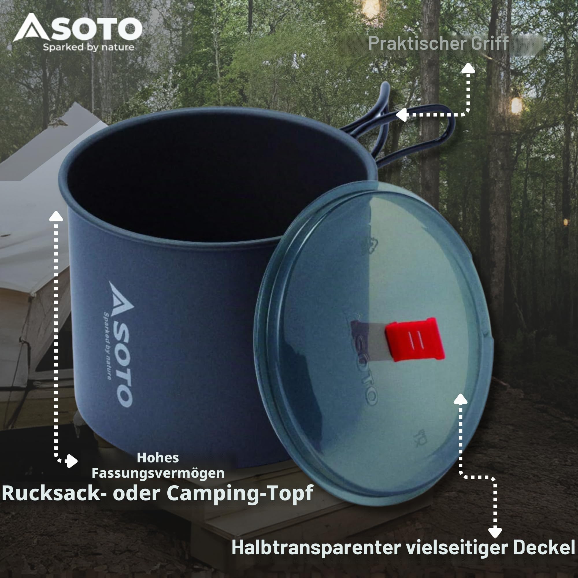 SOTO New River Pot Campingtopf 1000 ml Aluminium mit Deckel, 141 g | Hartanodisiert, BPA-frei; faltbarer Griff, kleines Packmaß; rutschfester Boden; inkl. Tasche; für Solo-Trekking