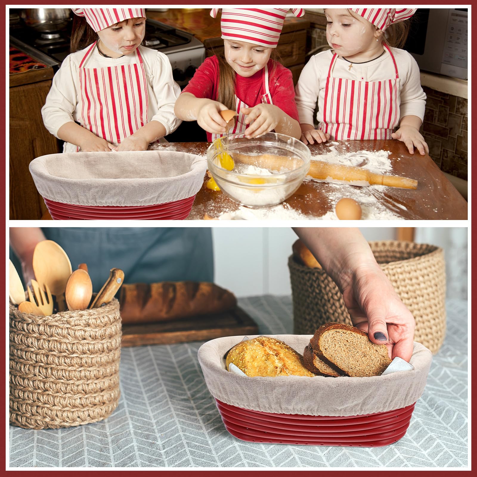Hushee Set di 3 cestini ovali per lievitazione con raschietto, fodera in cotone, kit per la preparazione del pane, ciotola rossa per lievitazione del pane, strumenti per la preparazione del pane