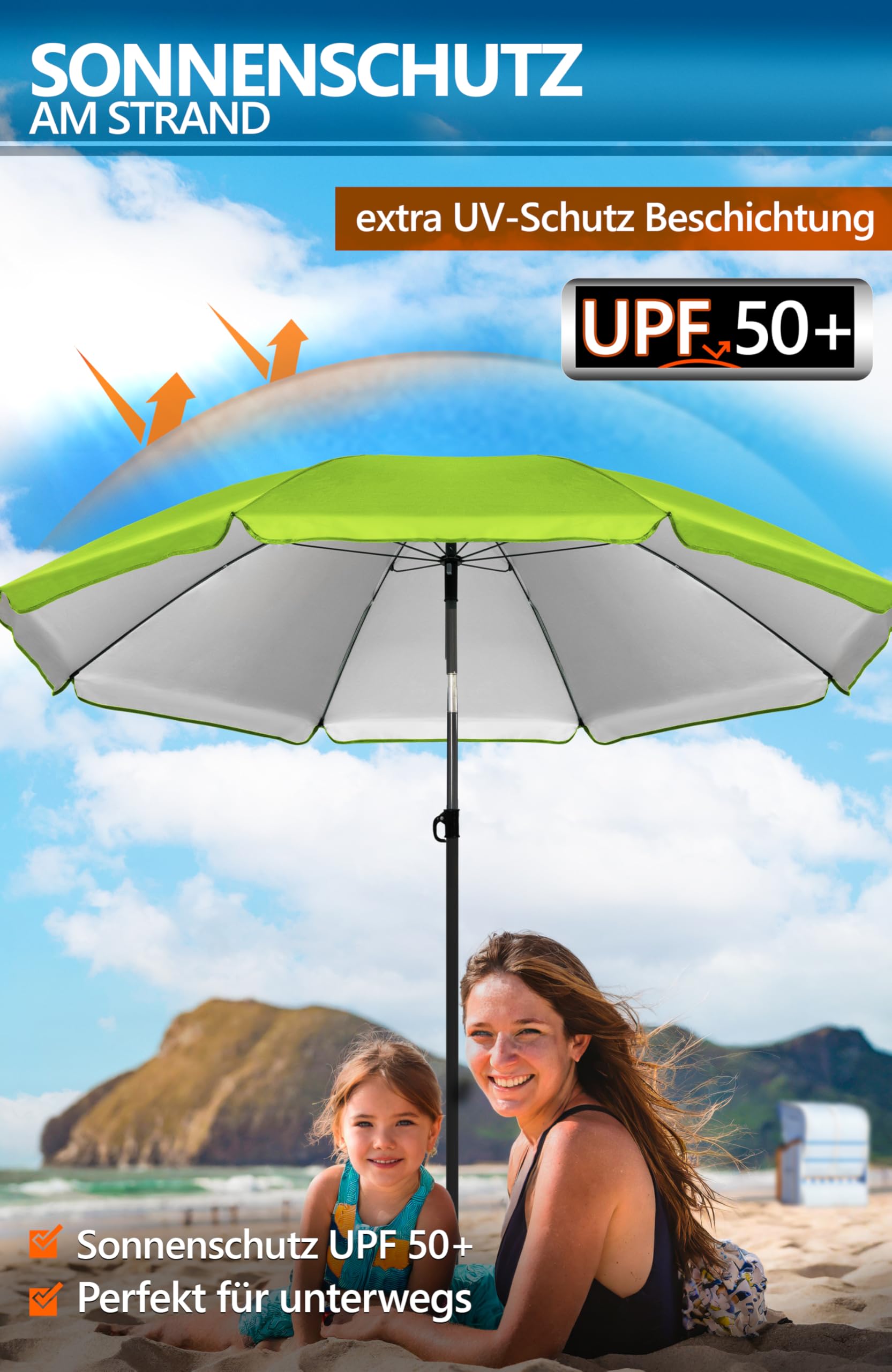 4smile 3-in-1 Strandschirm Set - 200cm UPF 50+ Mit Hülle & Bodenhülse