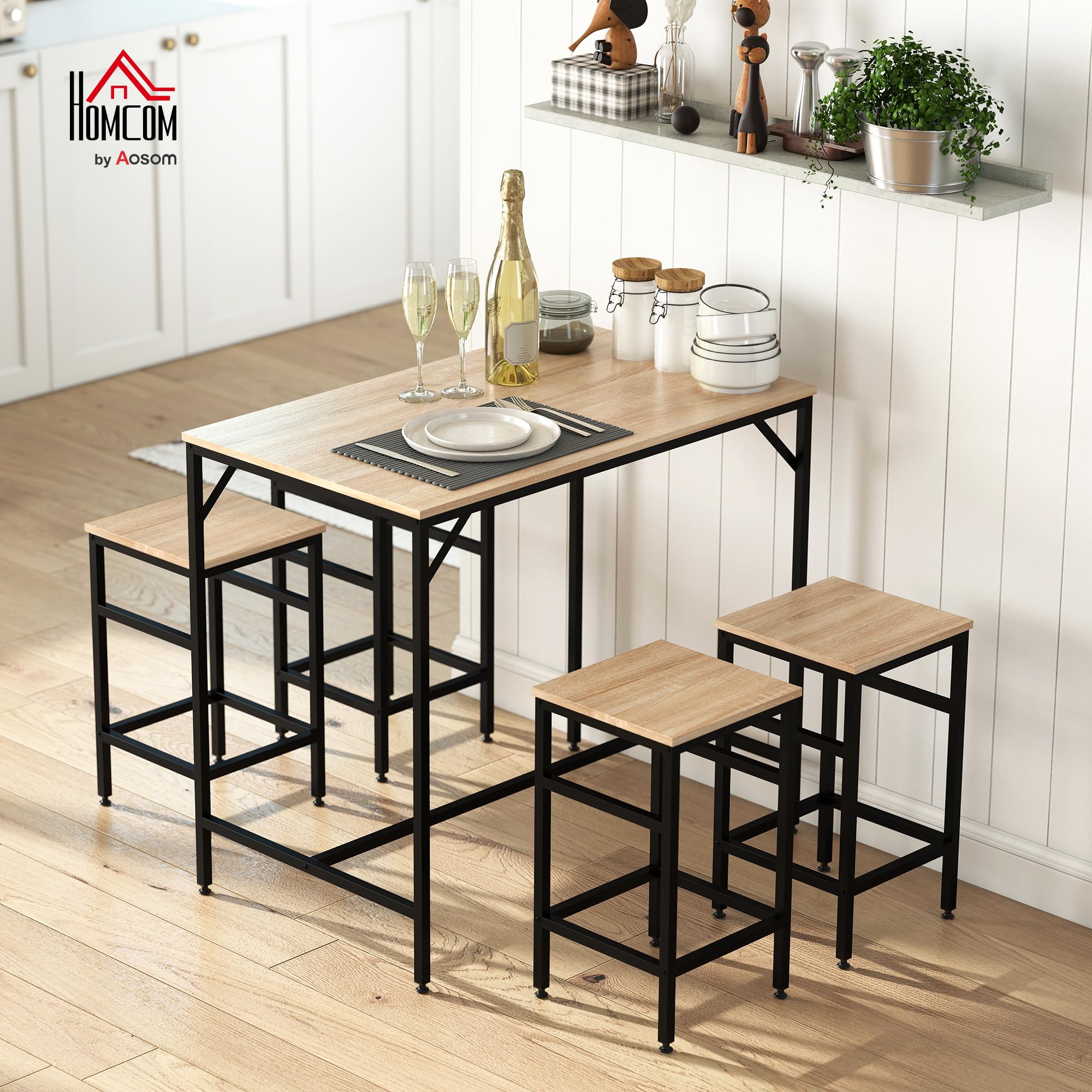 HOMCOM 5-teiliges Bartisch Set Bartisch mit Barhocker-Set Esstisch mit 4 Stühlen Küchentisch für Esszimmer, Küche, Eiche+Schwarz