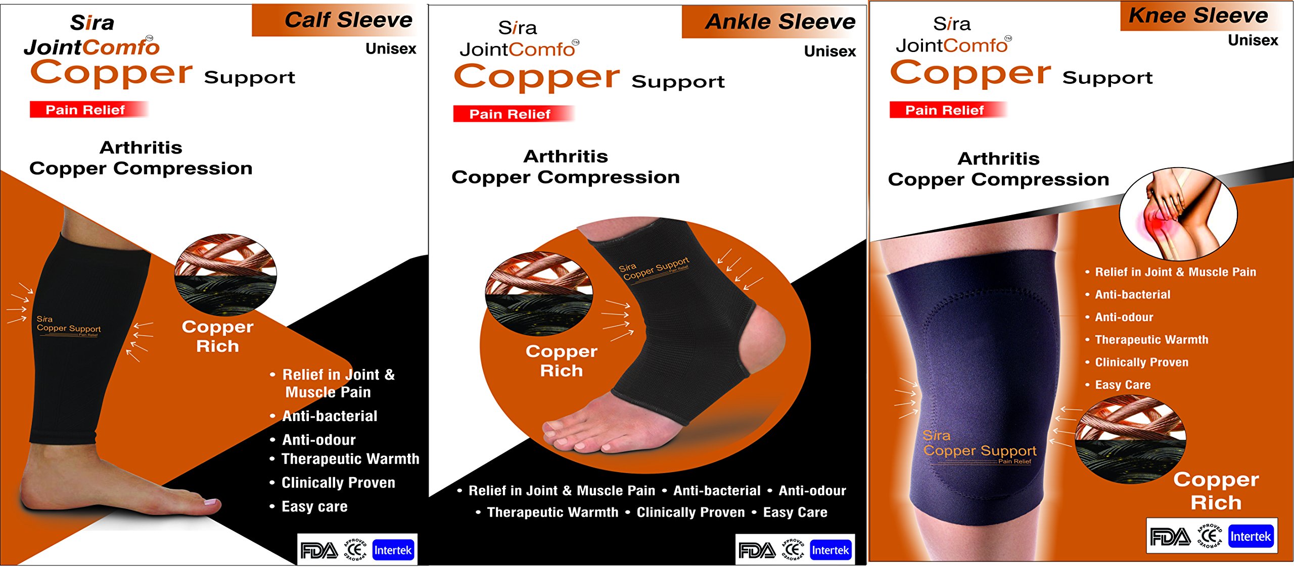 Sira Copper Compression Knee Sleeve, Ankle Sleeve, Calf Sleeve, Leg Pain Relief, Swelling, Arthritis Relief, Muscles & Joint Pain, Heel, Knee, Ankle, Calf Pain, Arch Support, Foot Pain Relief, Graduate Compression Sleeve (M, Black)