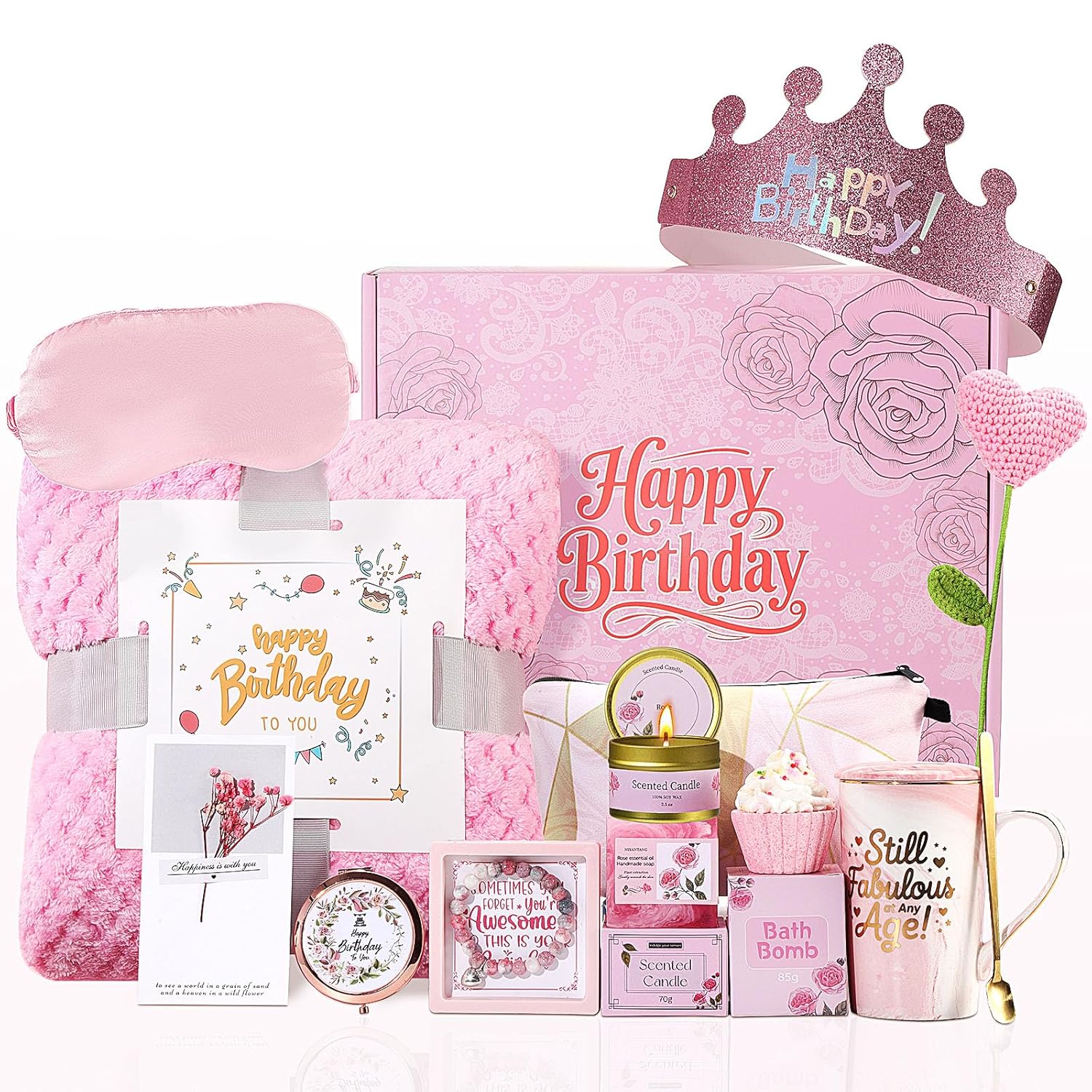 Happy Birthday Gifts for Women - Pink Birthday Gift Boxes for Women Self Care Mom Sister Wife Girlfriend Daughter Best Friend Coworkers, Women's Birthday Gifts Ideas Spa Gifts Basket Gift Sets for Her