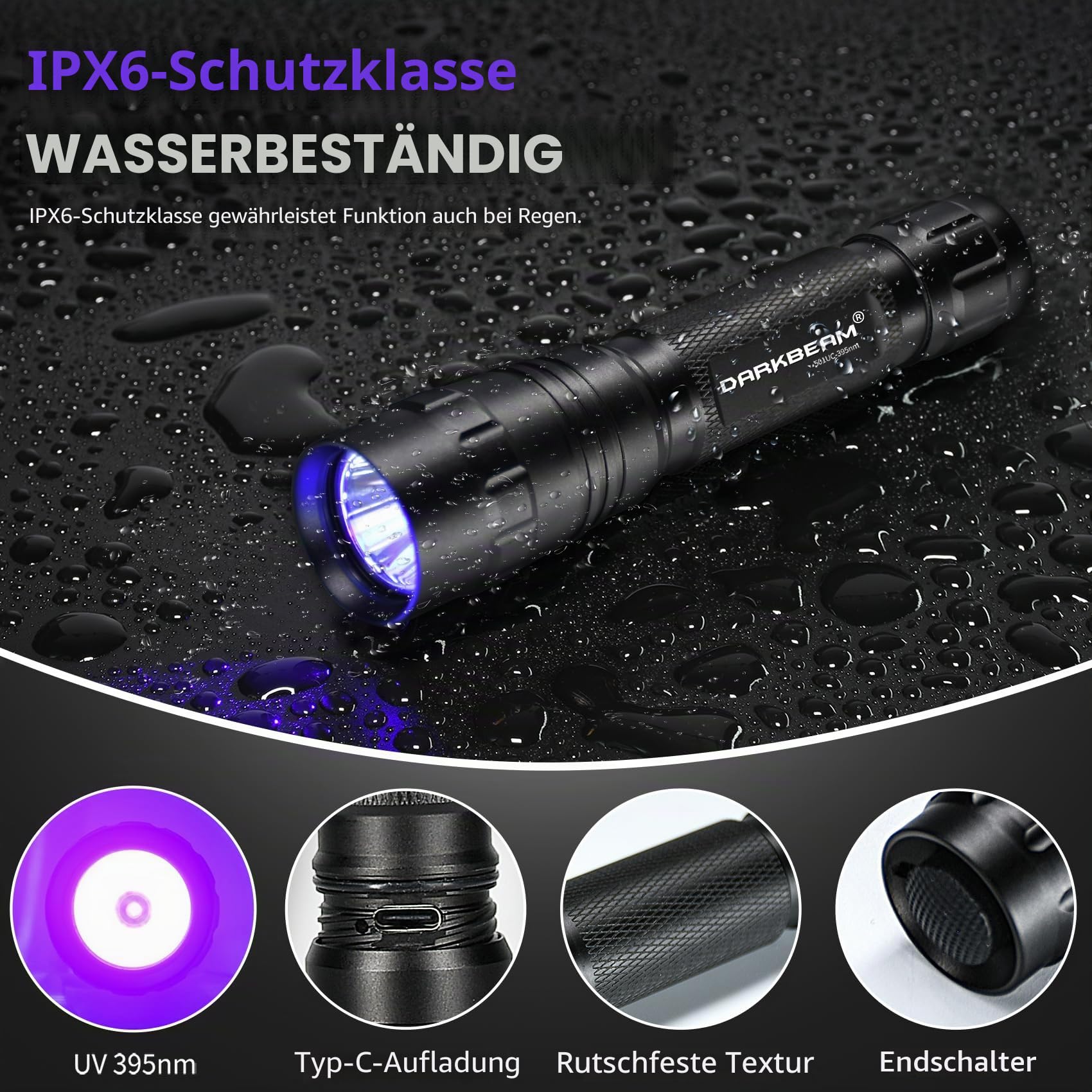 DARKBEAM Taschenlampe UV 395nm Schwarzlicht, Mini & Leistungsstarke Wood's Lamp USB-C LED Wiederaufladbares Schwarzlicht, 10W Tragbarer Haustier-Hundeurin-Detektor – Harzhärtung, Fluoreszierend