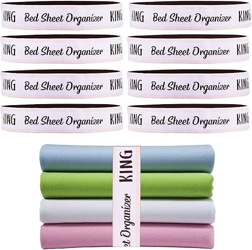 8 bandas organizadoras de sábanas de cama, correas elásticas para organización de armario, QueenKingTwinFull (borde rosado-King)