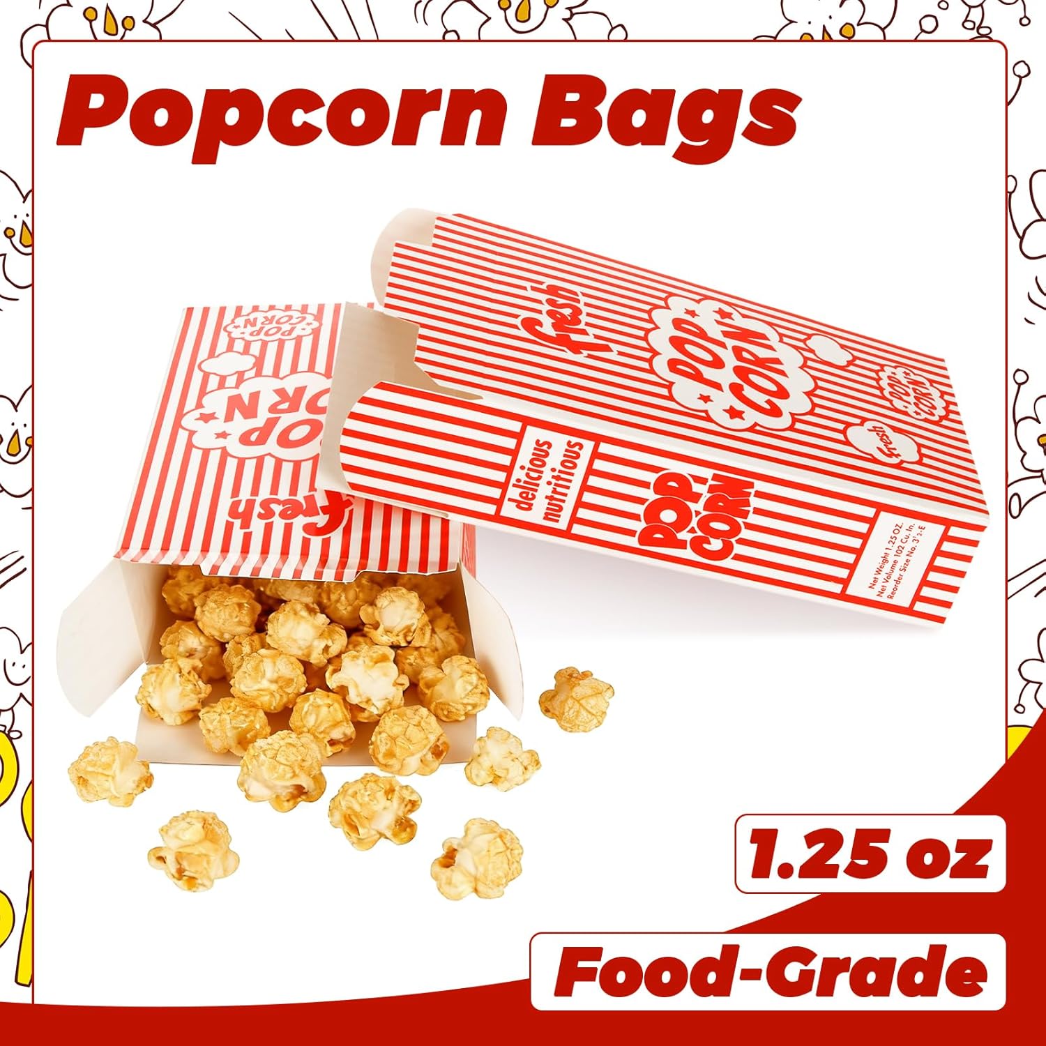 200 Pack Popcorn Boxes,1.25 oz Paper Popcorn Containers, Red and White Striped Close-Top Cardboard Pop Corners Bags, Individual Servings for Carnival Party, Movie Nights, Cinema, Christmas