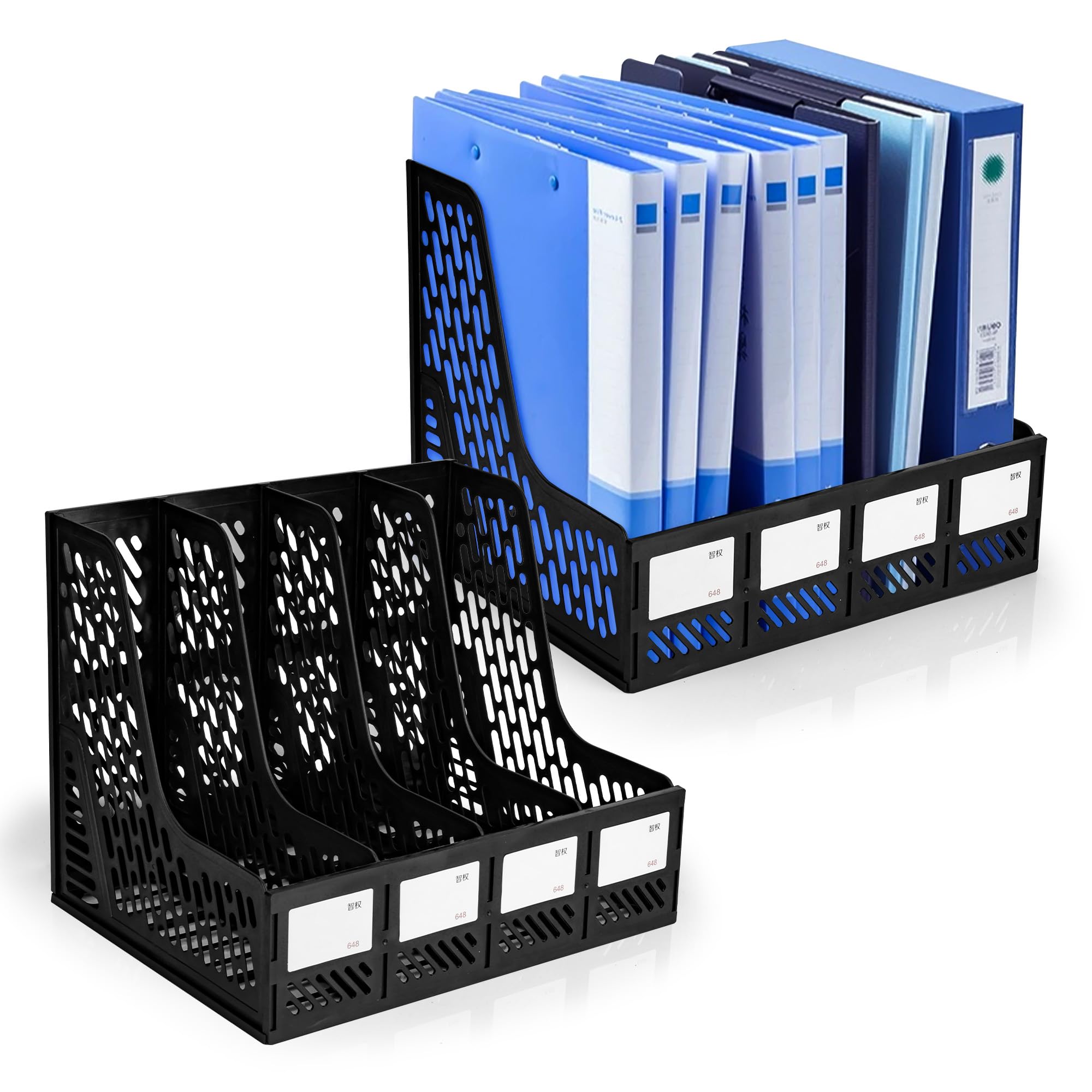 Axincardarm 2 Pack Plastic Magazine File Holder 4 Sections A4 Desktop File Rack, Vertical Book Organiser Document Storage Magazine Holder for Office, Black