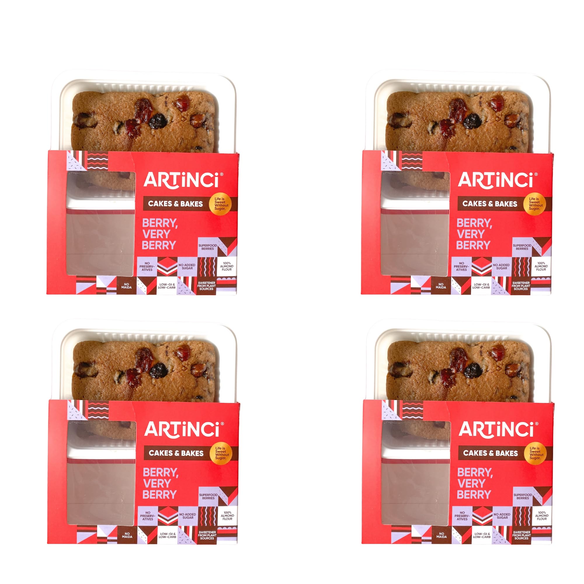 Artinci BERRIES Cake, As Seen on Shark Tank, 100% Almond Flour, Keto Diabetic Friendly with 5g Protein & High Fiber (per serving), Gluten Free, Plant Based Sugar, (150g X Pack of 4) - 12 servings