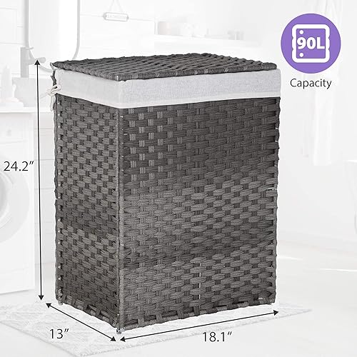 Miniatura 6 de Cesta de lavandería con tapa, cesta de ropa plegable de 90 litros con 6 bolsas de lavandería y 2 bolsas extraíbles con forro tejidas a mano para