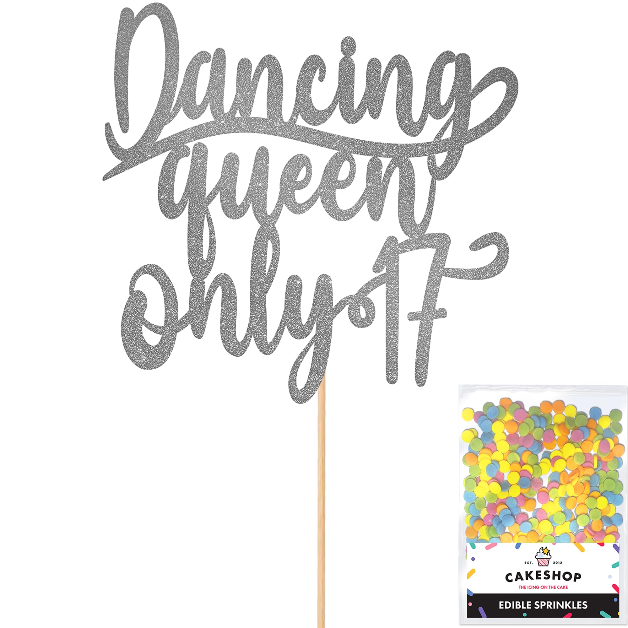 Cakeshop Personalised Dancing Queen Birthday Glitter Cake Topper - Dark Silver - Any Name & Age - Glitter Cake Decoration and Sprinkles - Happy Birthday Decorations - Custom Toppers for Cakes