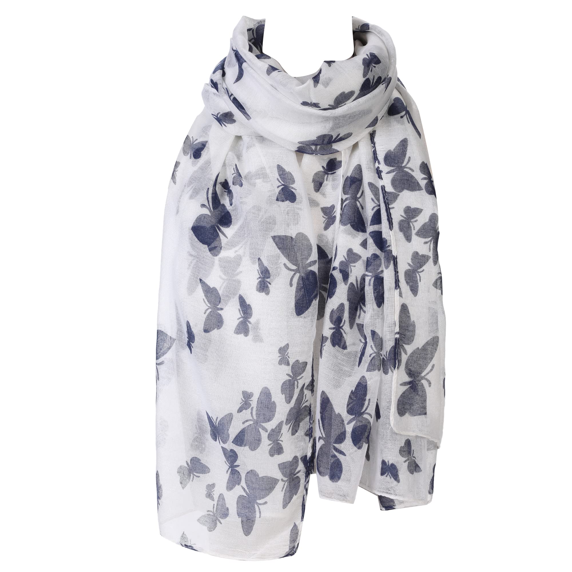 London Scarfs Women's White S Fashion Butterfly Print Long Scarves Floral Neck Scarf Shawl (White)