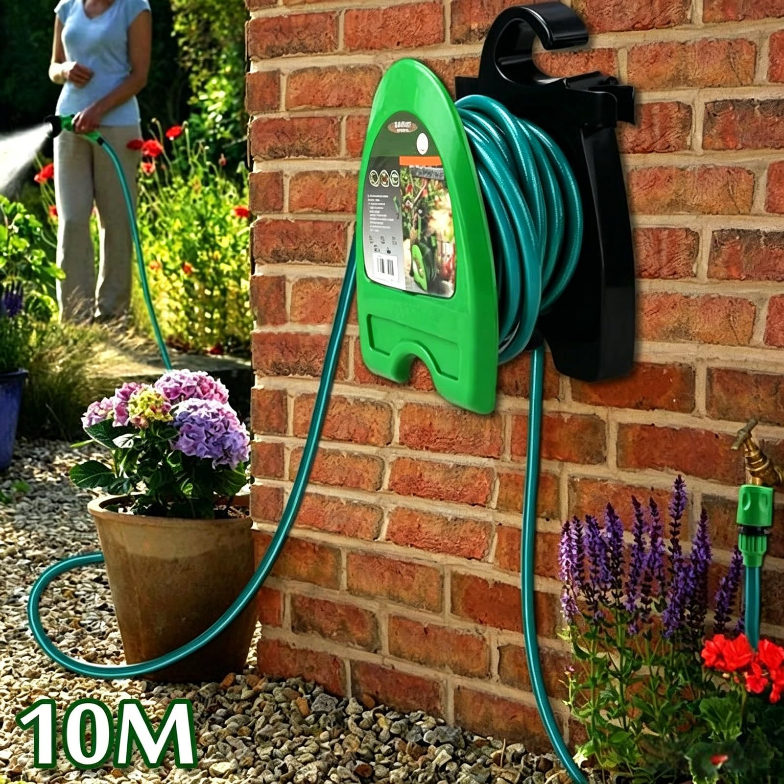 Avvolgitubo da giardino 10 m (ø 15 mm), tubo flessibile per acqua con guida per tubo, ugello e raccordi, 2 in 1 come tubo retrattile autoportante o montato a parete per uso generale