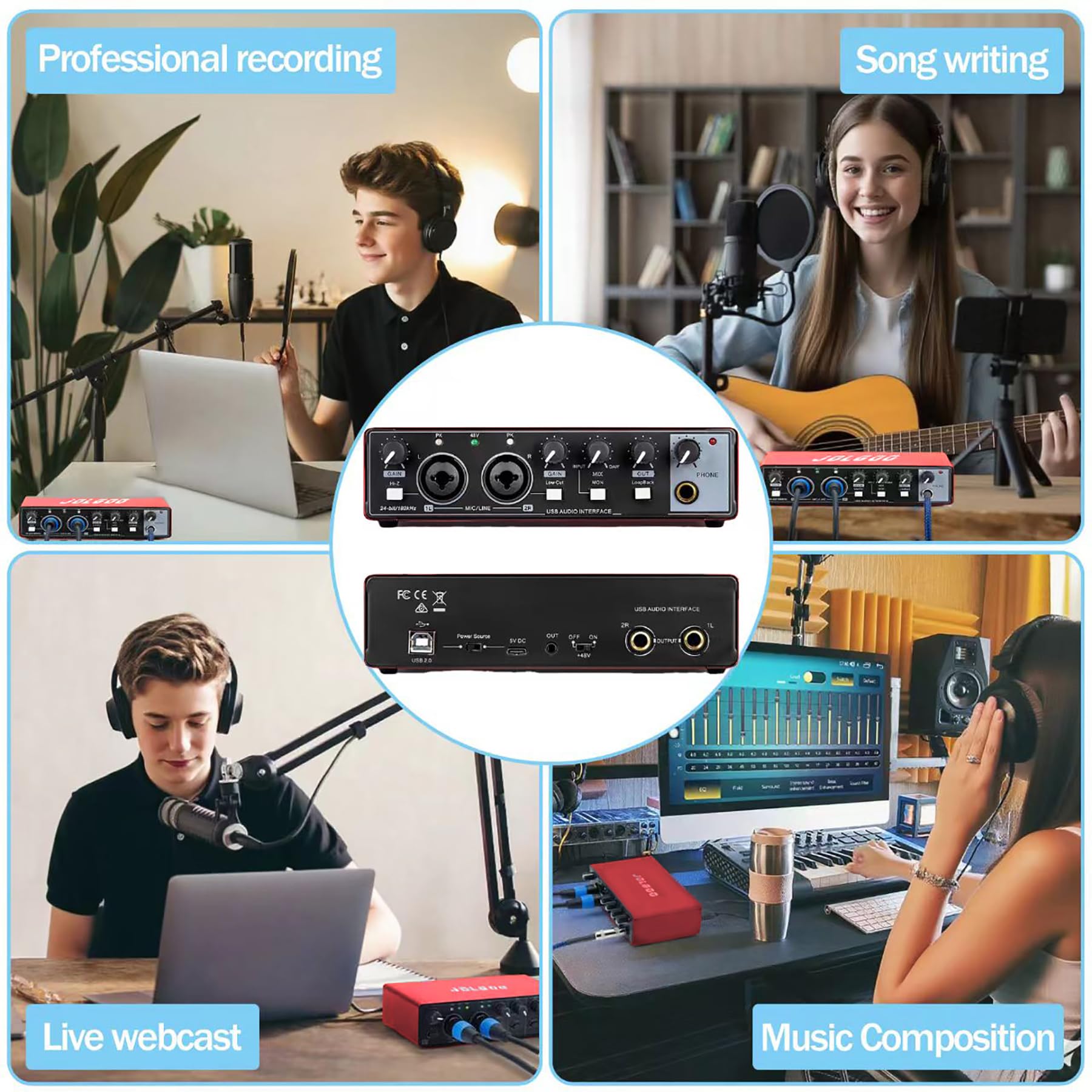 Interfaccia audio USB, scheda audio Plug & Play a 24 bit/192 kHz rossa per registrazione - XLR/Line In, uscita cuffie, bassa latenza, compatibile con PC, Mac, smartphone