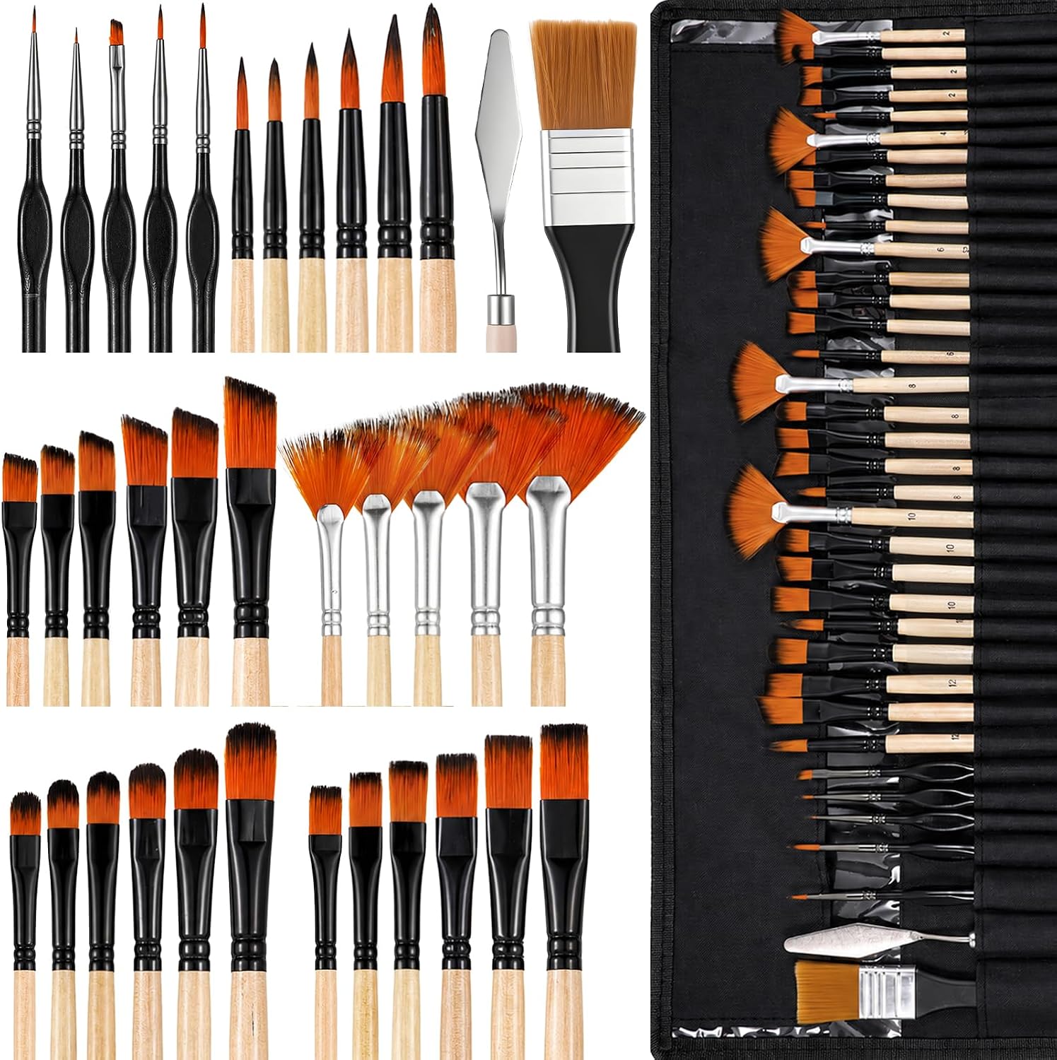 36Pcs Paint Brush Set, with Palette Knife and Portable Storage Roll, Wood Handle Nylon bristles, No Shedding, Professional Artist Brushes for Acrylic Oil Watercolor Gouache Painting Art