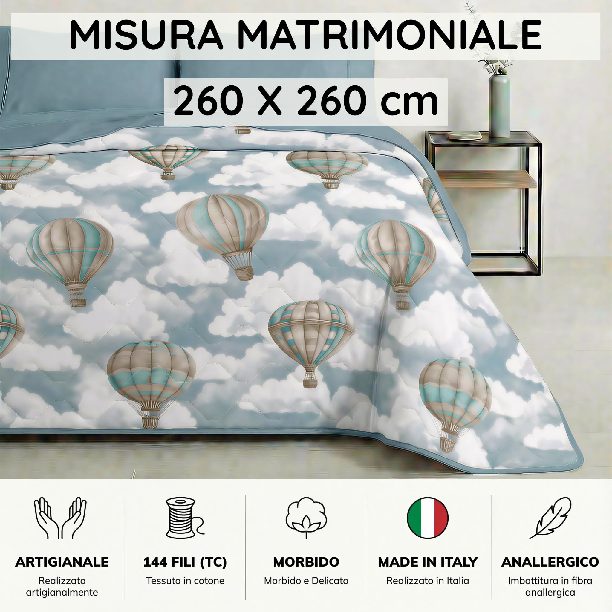 Mahome Trapuntino Matrimoniale Primaverile Estivo in 100% Puro Cotone 260x260 cm Leggero Double Face - Copriletto Trapuntato morbido Traspirante Anallergico - Made in Italy – Fluttu Tiffani