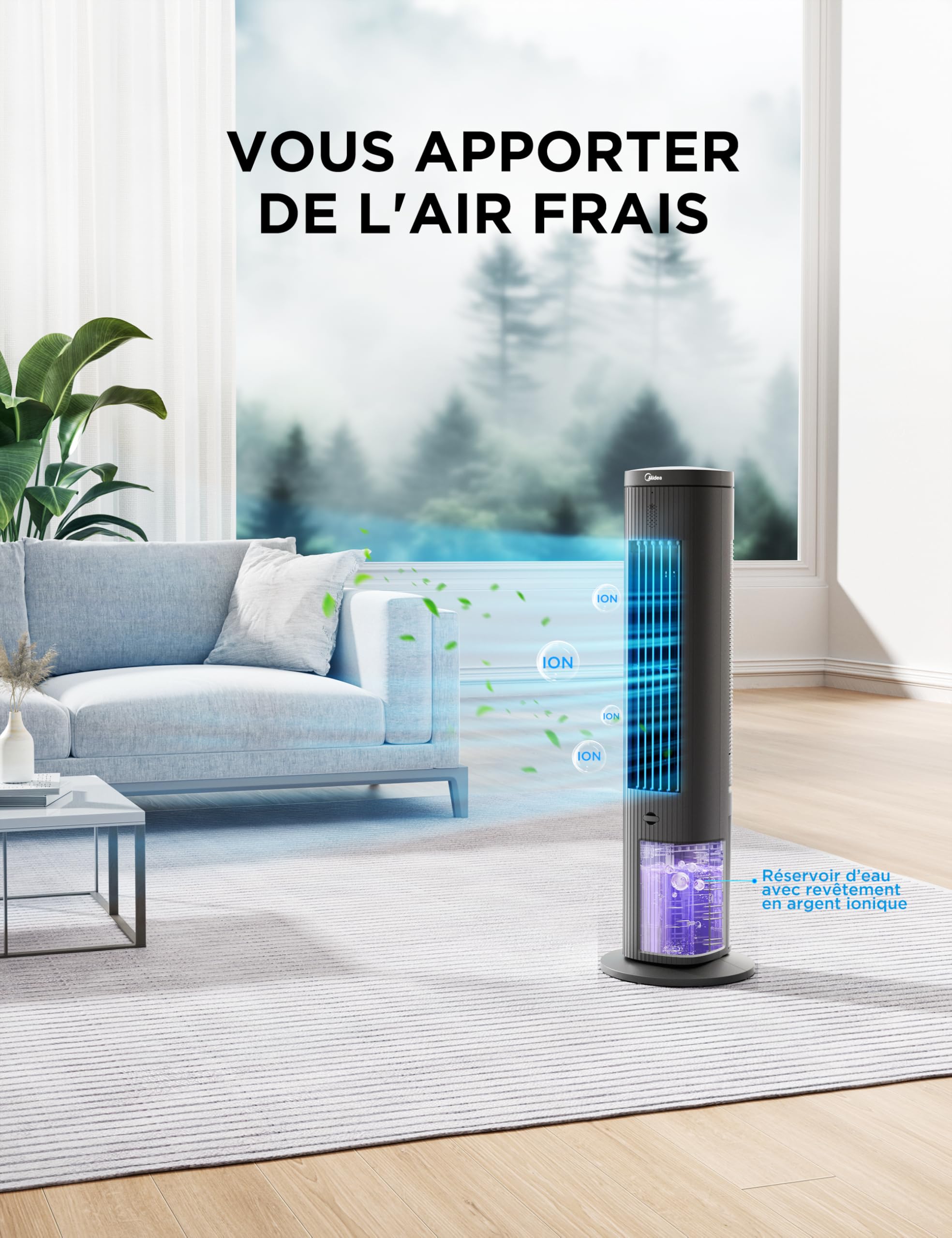 Midea 5L-3en1-Ventilateur Rafraîchisseur d'Air avec Télécommande, 3 Vitesses, 3 Modes, Oscillation à 75°, Minuterie 7H, Climatiseur Mobile Sans Évacuation, Puissant & Silencieux, Humidificateur, Noir