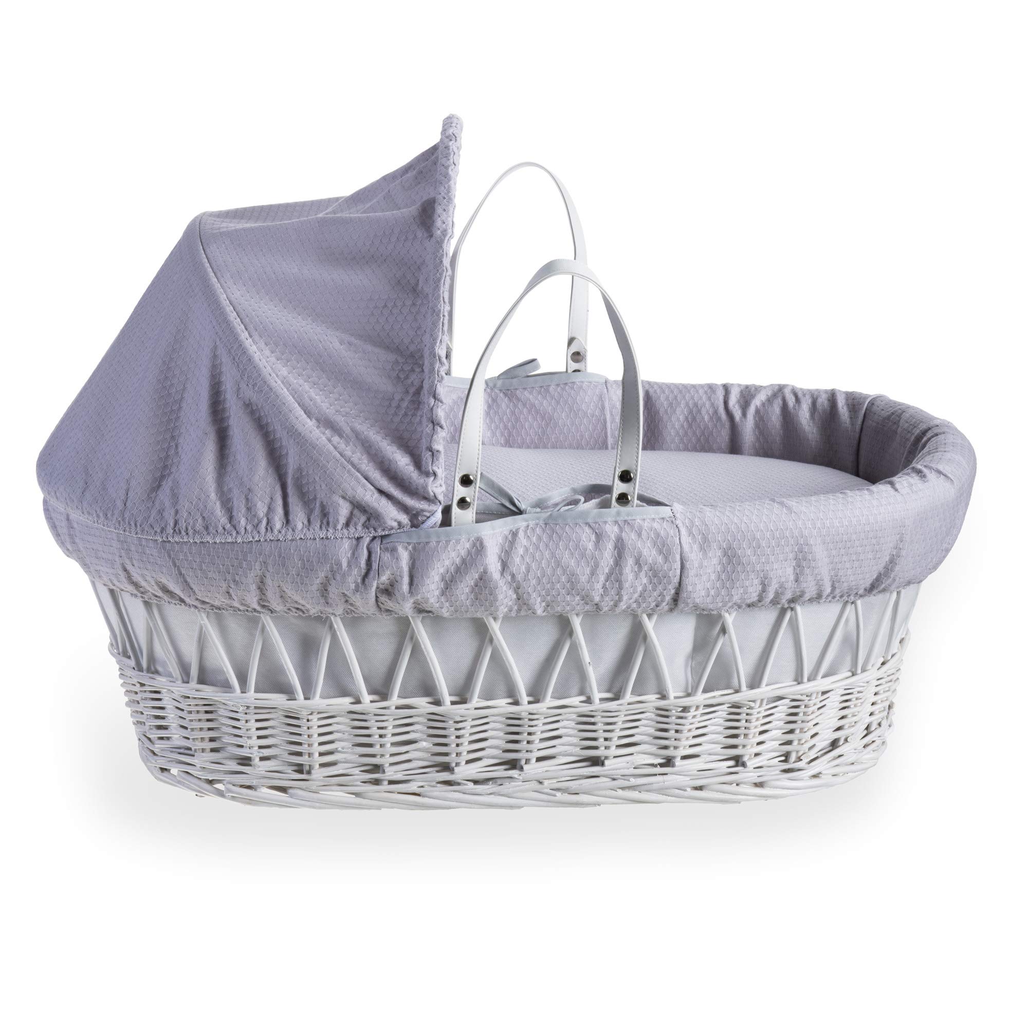Clair de Lune Cotton Dream Weidenkörbchen mit Bettwäsche, inkl. Matratze, Kapuze, gepolstertem Innenfutter, Decke, in Großbritannien hergestellt, Grau