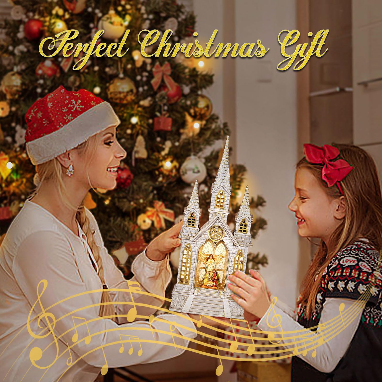 Church Snow Globe Lighted,Christmas Snow Lantern,Angel holy Family Nativity Christmas Eve Glitter Snow Globe with Musical,Christian Decorations Indoor,2 Way Powered