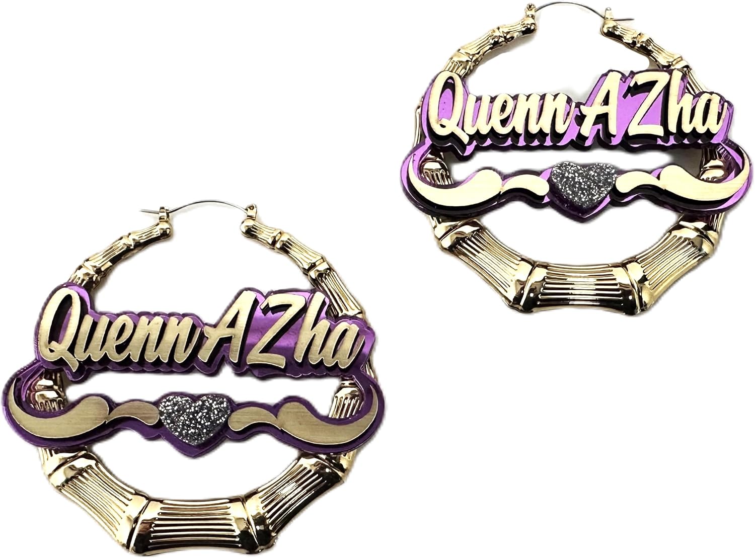 Custom Name Plate Hoop Earrings, Gold, or Silver Bamboo Design - 3 size options, Laser Cut Script Letters, Heart & Swirls - Sparkly Silver Glitter Heart, and Engravable Wood Gift Box. Made in CT, USA.