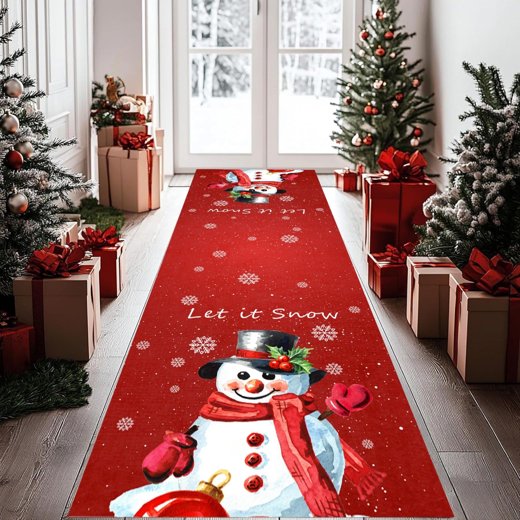 Red Christmas Hallway Rugs Runners,2x10ft,Winter Decor Snowman Let It Snow Kids Bedroom Runner Rug,Low Pile Washable Rubber Backed Rugs for Entryway