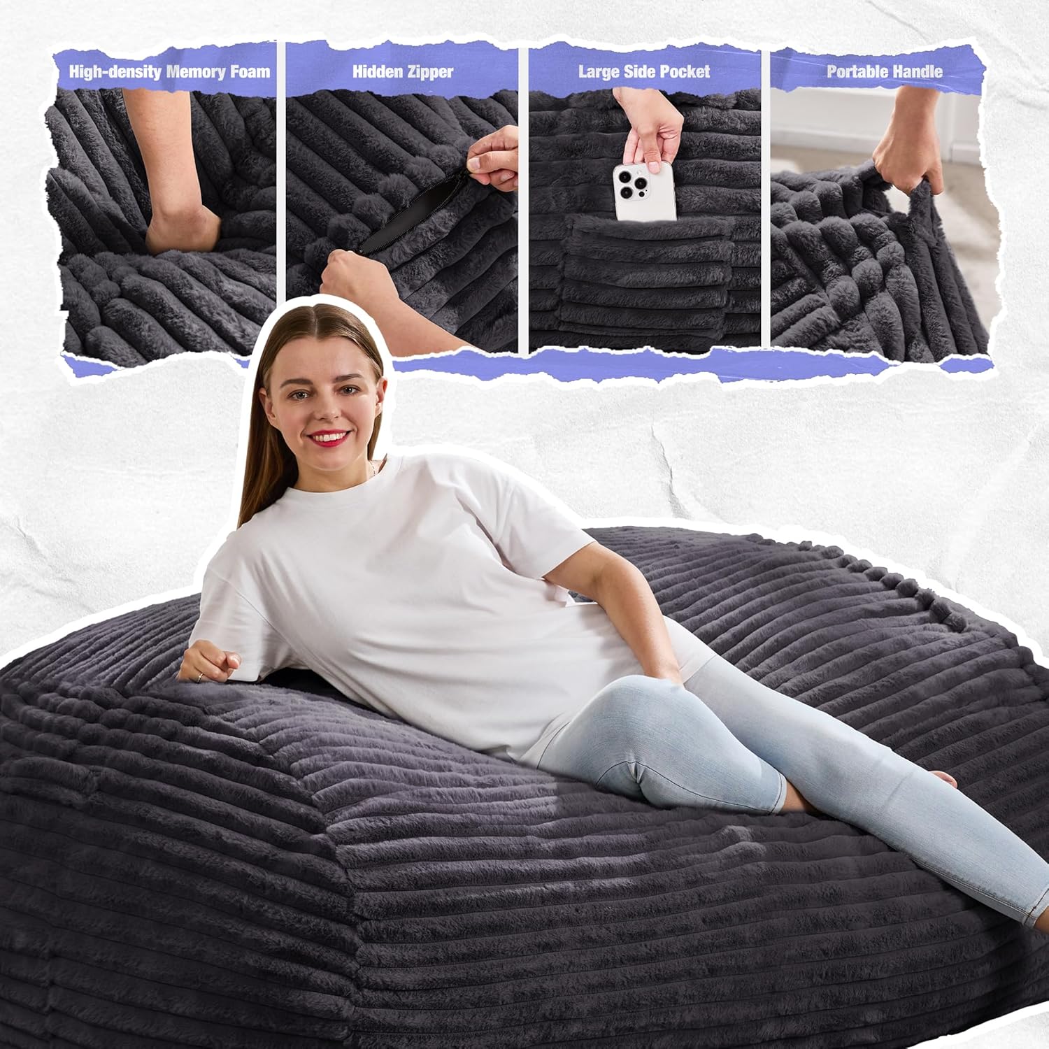 Hobestluk 4FT Bean Bag Chairs Adult Bean Bag with Portable Handle Comfy Large Bean Bag Chair with Removable Cover for Living Room Bedroom or Reading Nook (Stripe Dark Grey, 4FT) - Image 6