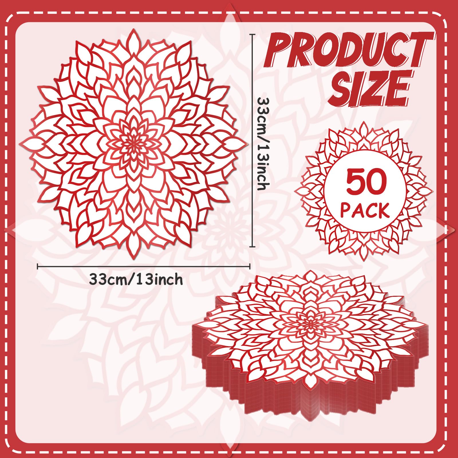 50PCS Disposable Red Metallic Round Paper Placemats Round Floral Charger Table Mat Table Setting Mat Pressed Paper Round Place Mat for Christmas Wedding Birthday Party Table Decor Supplies