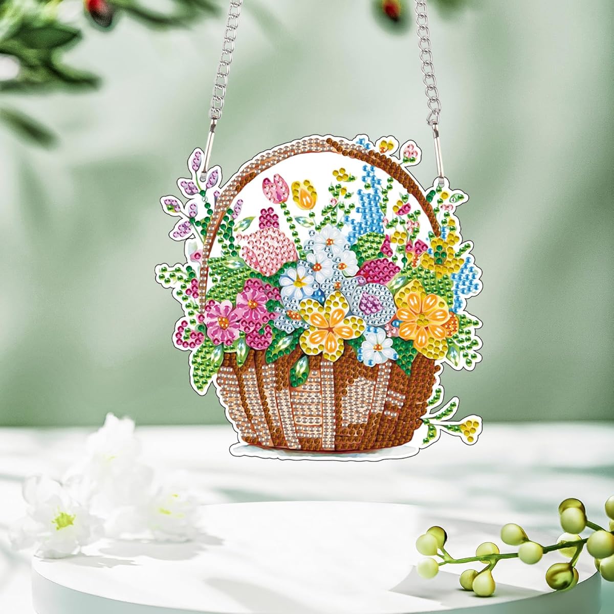 Diamond Art Painting Hanging Pendant, DIY flower basket 5D Special Shape Crystal Diamond Art Partial Mosaic Making Craft Wreath Ornaments, Home wall decor window decoration Handmade Christmas Gift