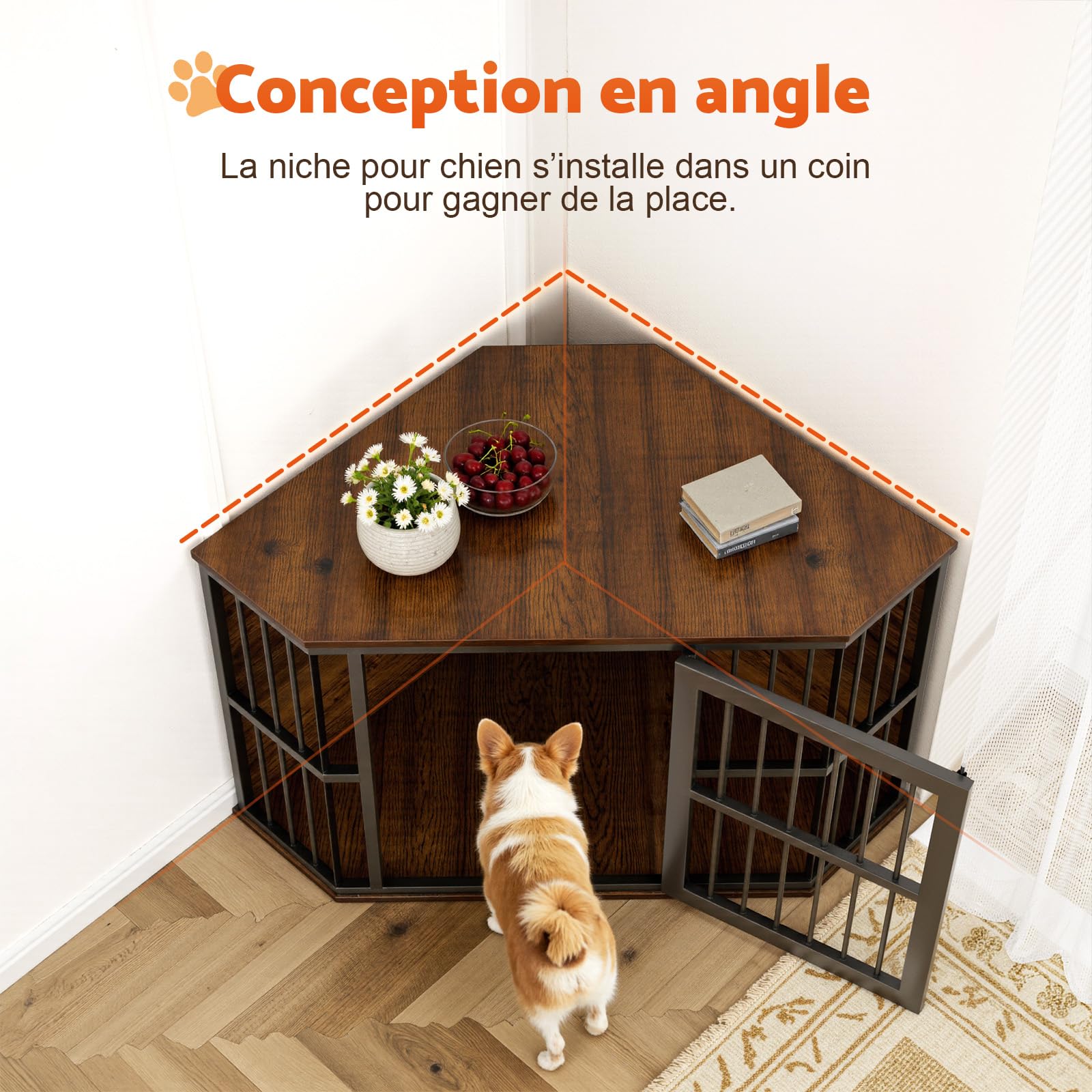 Gimars Meuble d’Angle pour Chien, Cage Décorative en Bois, Table d’Appoint Intérieure pour Chien de Petite et Moyenne Taille, Marron