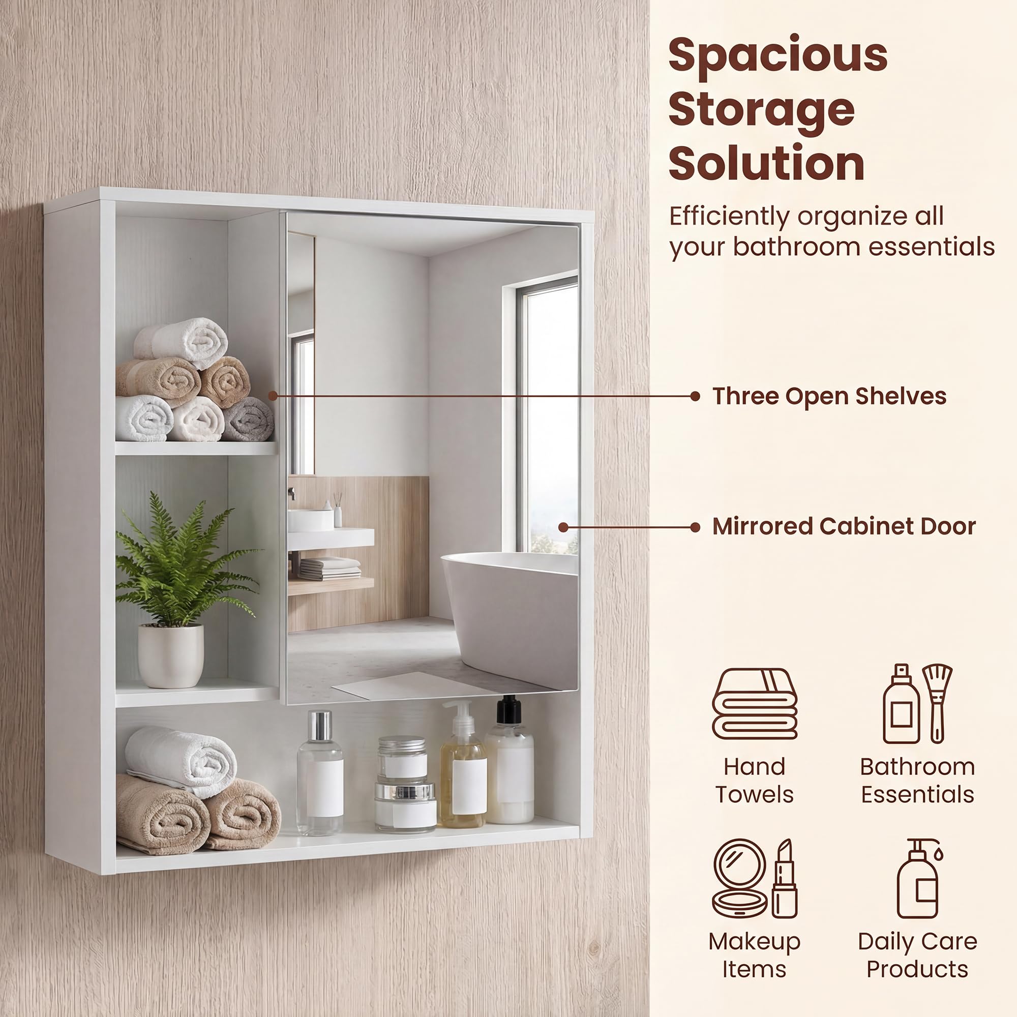 LIFEZEAL Armadietto da bagno a parete, mobile portaoggetti con anta a specchio, armadio, 3 ripiani aperti, portaoggetti salvaspazio moderno per cucina ingresso (bianco, 56 x 16 x 61 cm)
