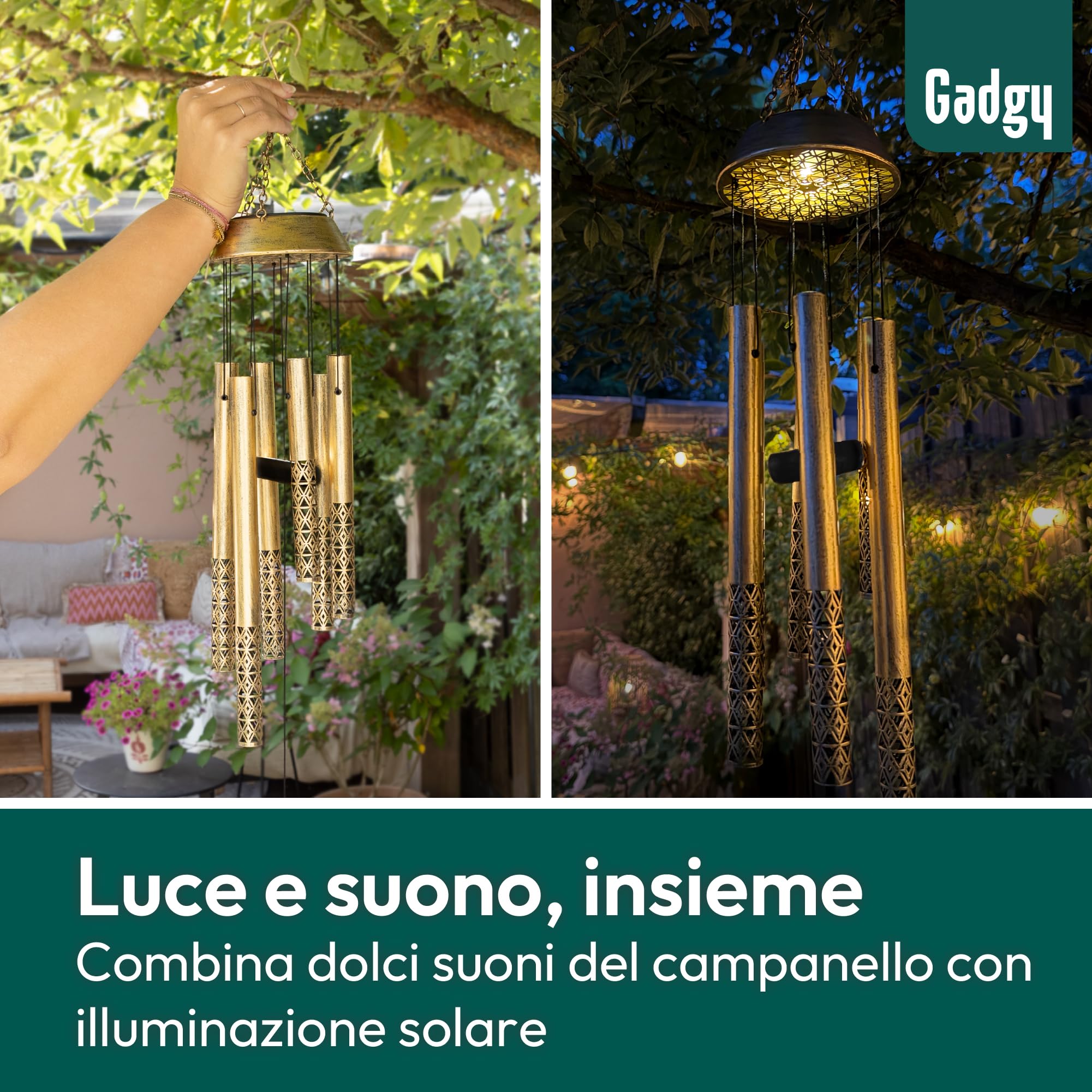 Gadgy Scacciapensieri Solare con LED – Campanella a Vento da Esterno in Alluminio & Legno – Decorazione da Giardino, Balcone & Terrazza Resistente alle Intemperie