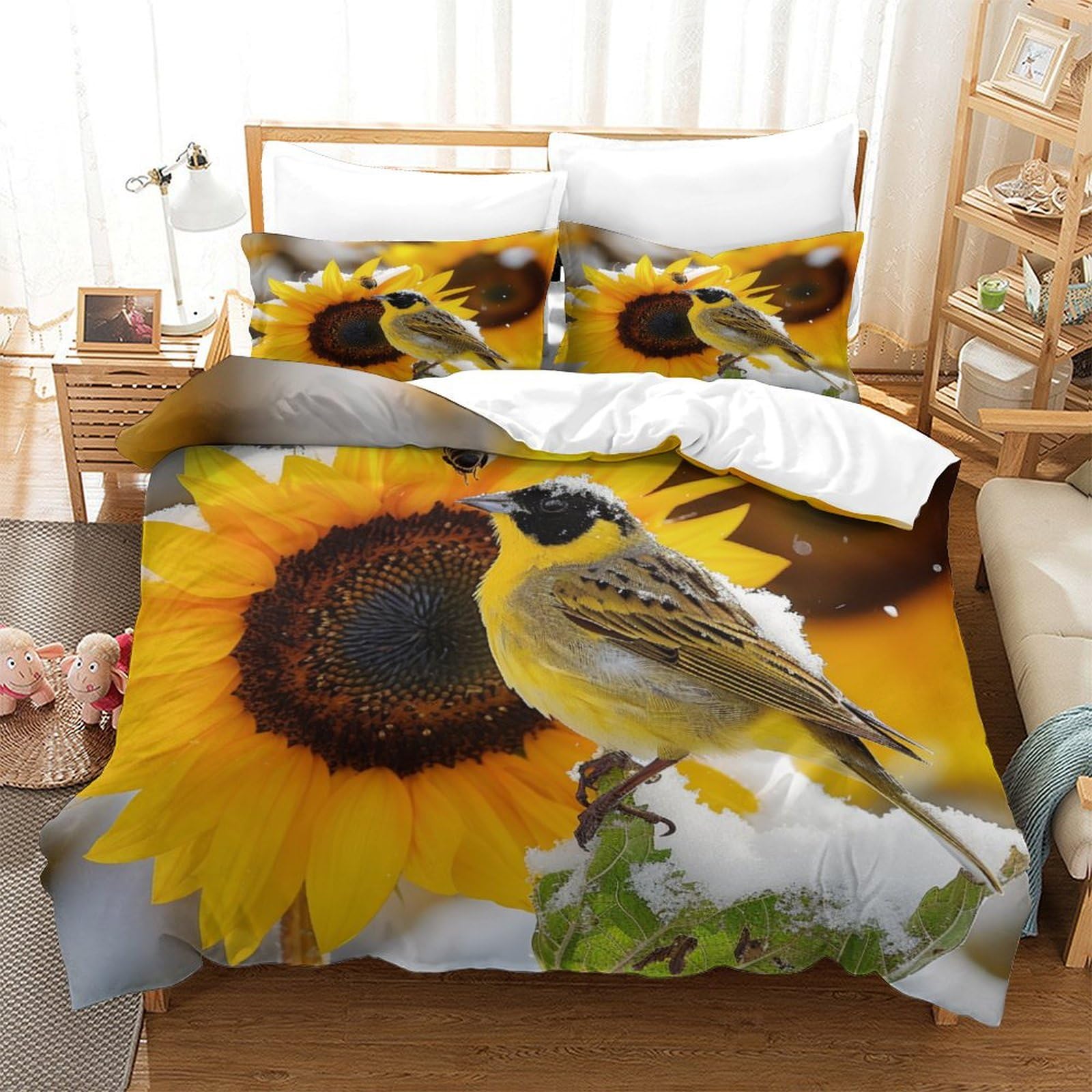 P1S9U7W5Y Botanical Sunflower Bird 3D Printed Duvet Cover Set 3pcs Microfiber Nature Bedding Set Double（200x200cm）