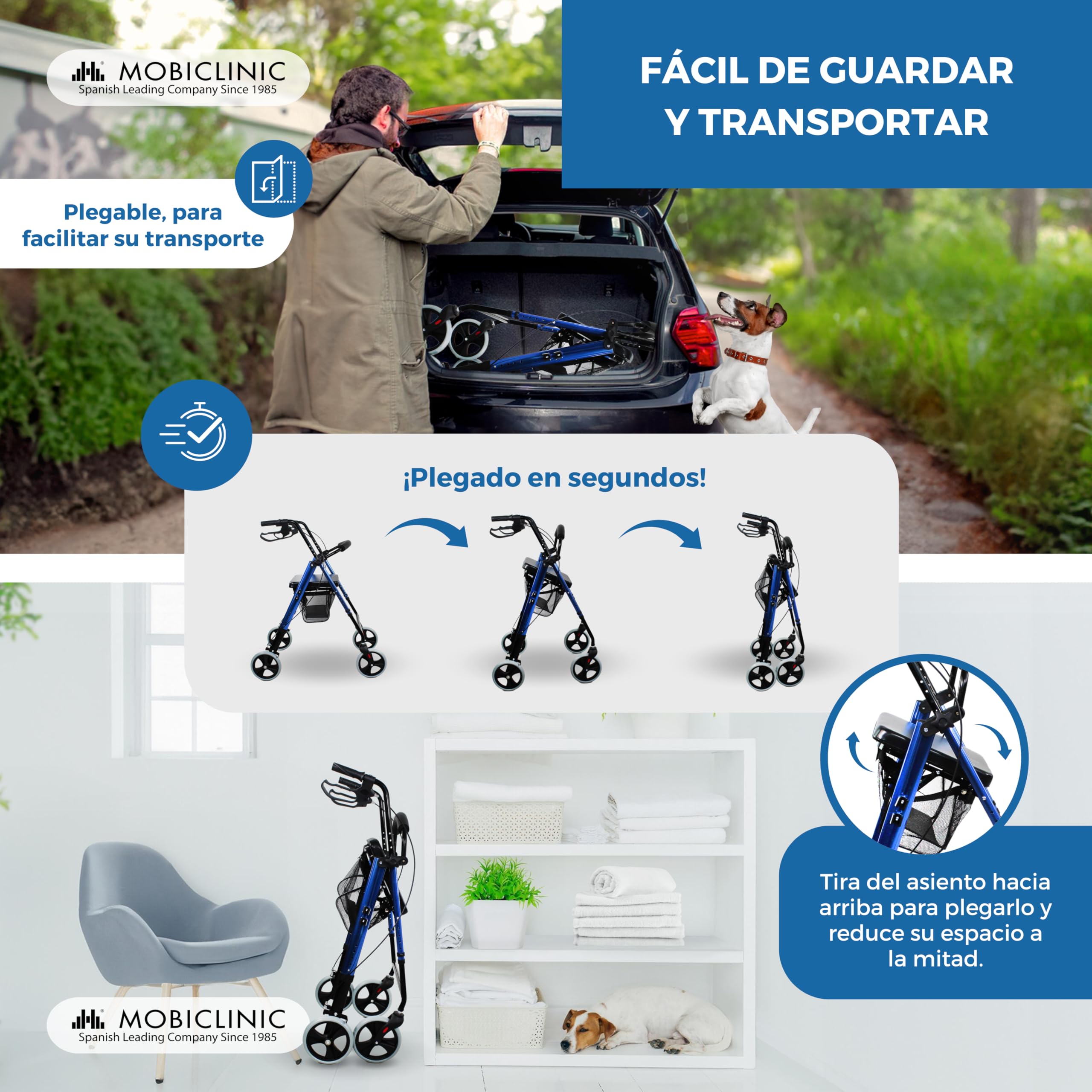 Mobiclinic®, Andador Plegable, Ligero, con Asiento y Cesta, Hércules, Frenos en Manetas, 4 Ruedas, Aluminio, Azul